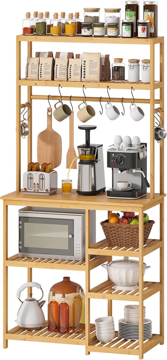 BMOSU Bakers Rack Bamboo for Kitchen with 12 S-Shaped Hooks Coffee Bar Table Kitchen Microwave Stand Open Storage Shelves Kitchen Utility Storage