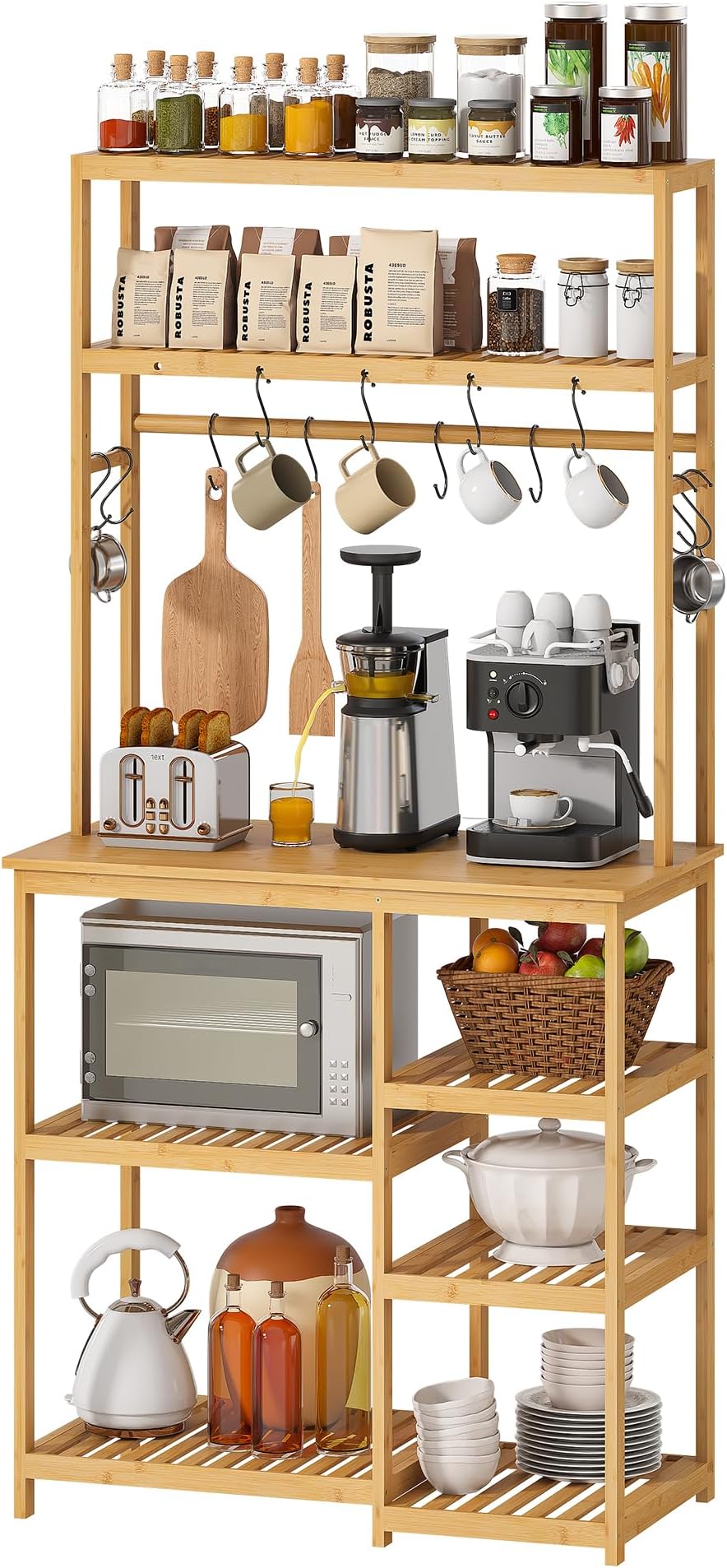 BMOSU Bakers Rack Bamboo for Kitchen with 12 S-Shaped Hooks Coffee Bar Table Kitchen Microwave Stand Open Storage Shelves Kitchen Utility Storage Shelf Plant Stand, Natural