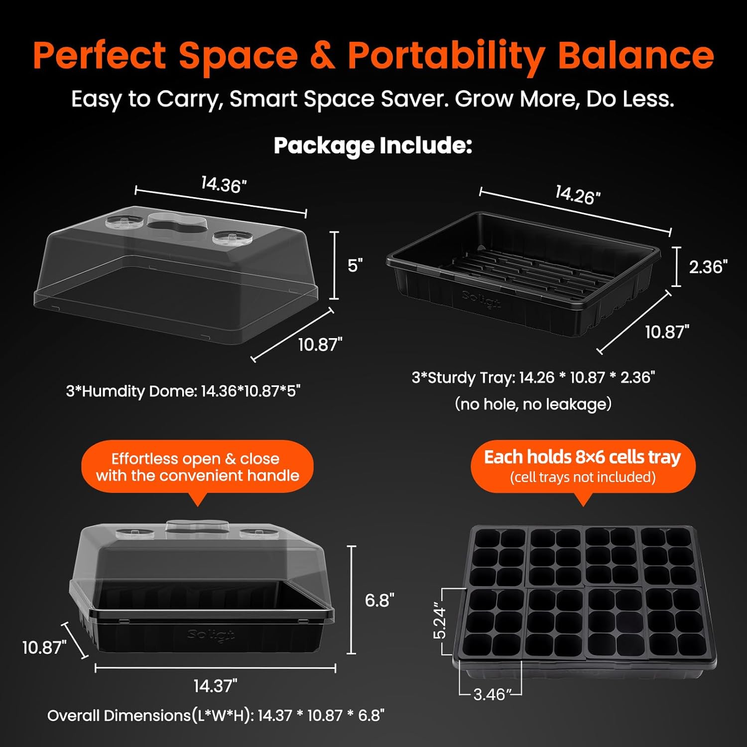 SOLIGT [Thick Plastic] 3-Set Strong Seed Starter Trays with 5" Humidity Domes for Seed Starting, Germination, Seedling Propagation & Plant Growing, Holds 144 Cells in Total - Image 6