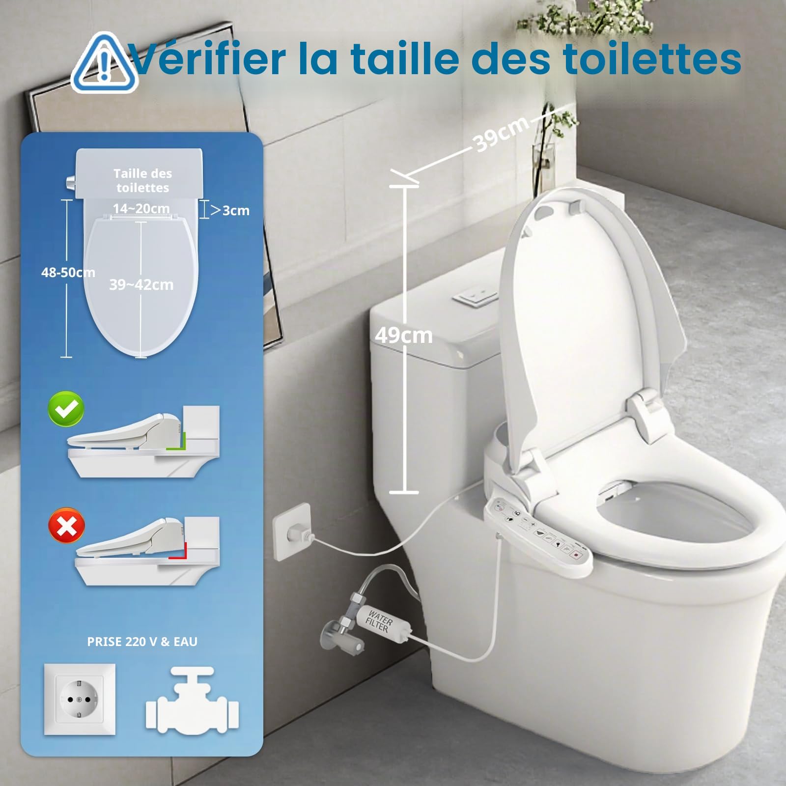 Siège de bidet électrique intelligent 300S, version standard, siège de toilette chauffant avec 2 fonctions de nettoyage, sèche-cheveux à air chaud, buse en acier inoxydable (Courbé-300S)