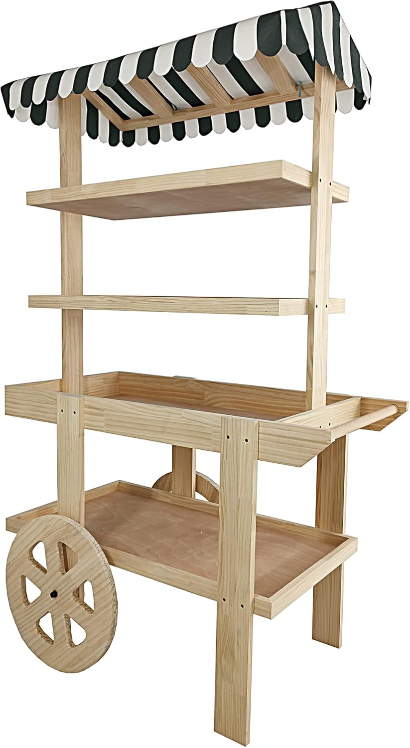 FixtureDisplays® Flower Cart Vending Cart Farmers Market County Fair Wagon Wood Stall Stand Rolling Shelf Retail Booth Kiosk 42.0" Long x 68" Tall x 25.0" Wide, with Awning 19402+18616-NPF