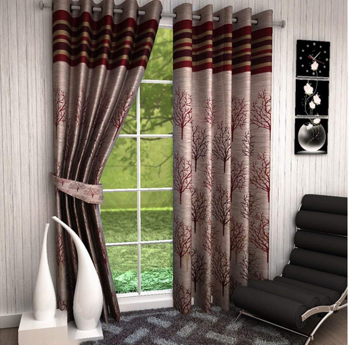 FRESH FROM LOOM Jute Premium Polyester Room Darkening Curtains 5 Feet Long Set of 2 Window Parda | Floral Curtains for Living Room Bedroom with Eyelets Ring Parde Screens (Wine, 5ft, 2pc)