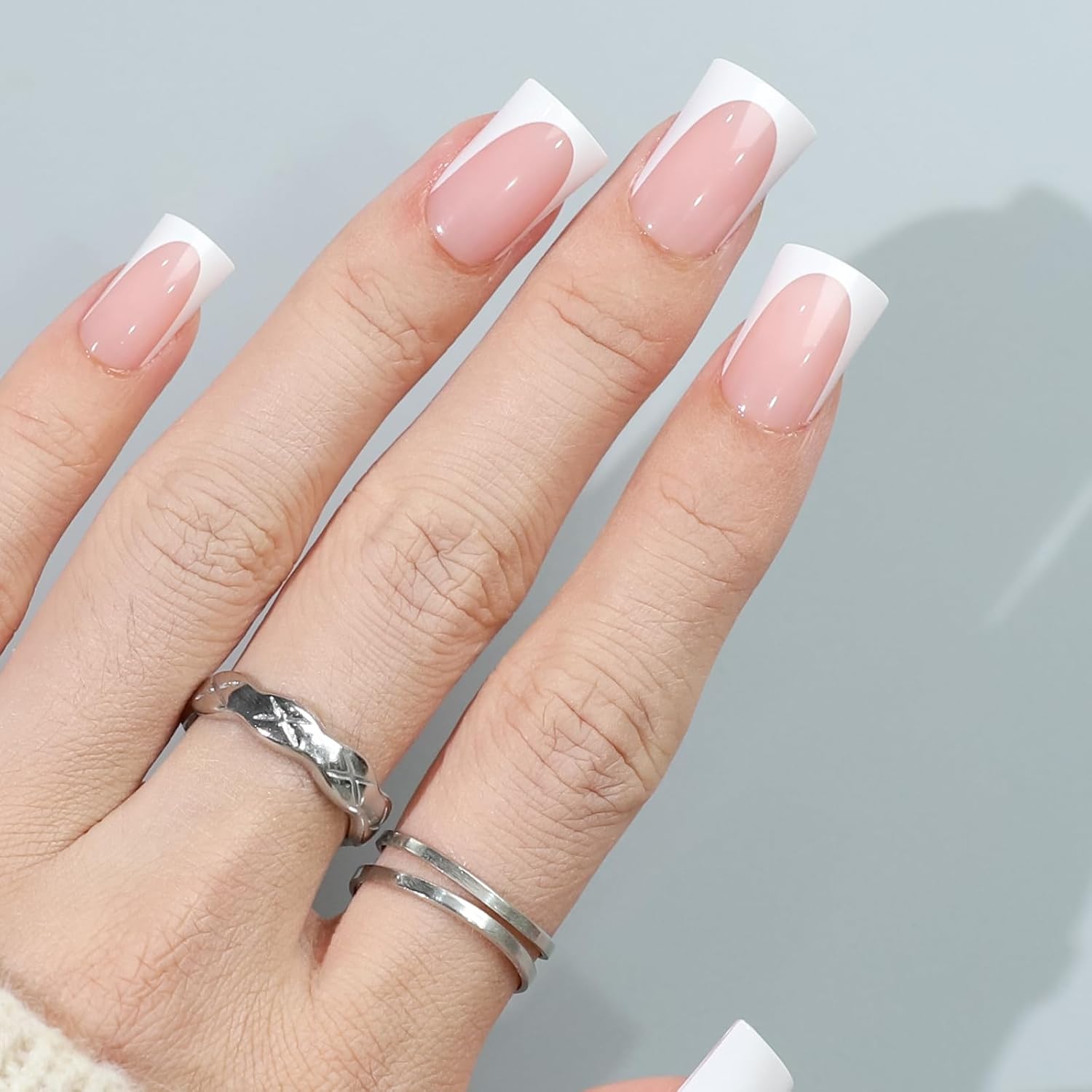 32 PCS Short Duck Press on Nails- Nude French Tip Gel Nail Fake Nails, 15 Sizes Glue On Nails Kit, Reusable False Nails with Mini Nail File for Women – Nude Short Duck