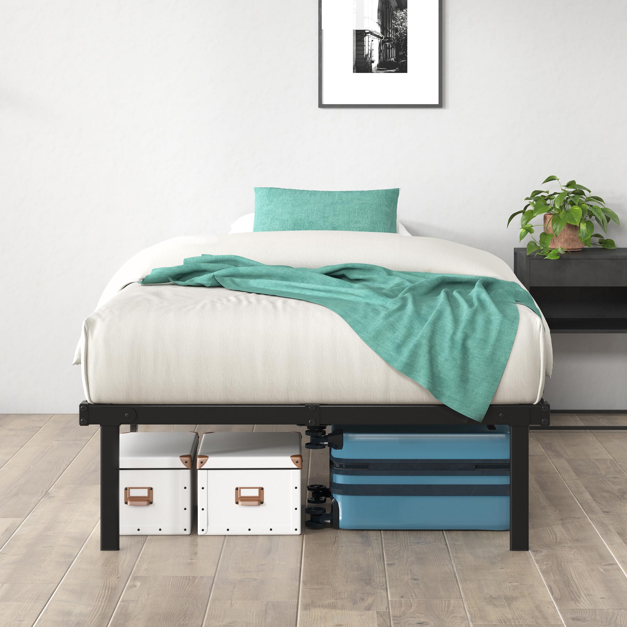 Zinus Caleb Single Bed frame - Bed 90x190 cm - 36cm Height - Metal bed frame with Underbed storage and steel slat support - Foldable bed - Black