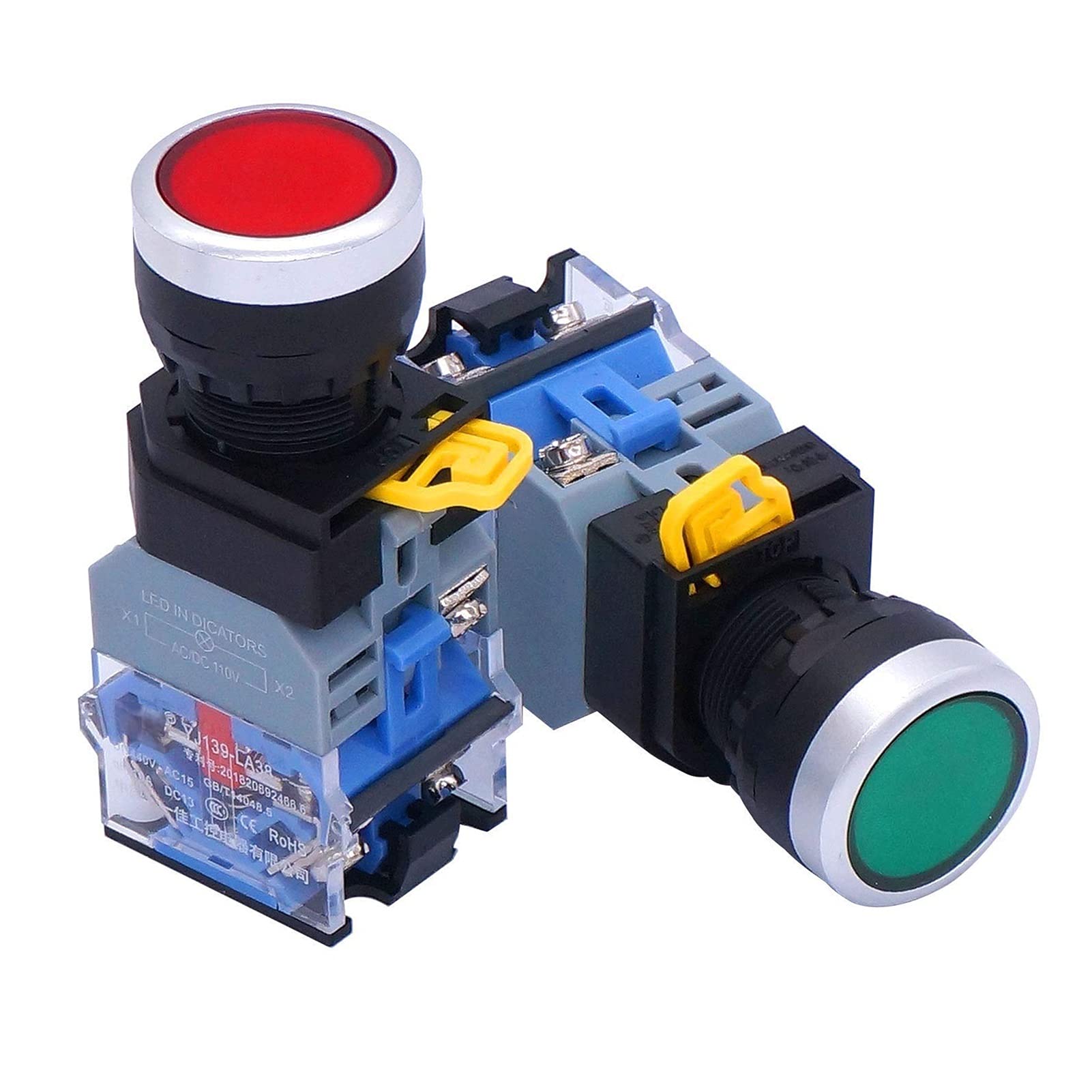 2pcs 22mm 10A 440V 1NO 1NC DPST Interruttore a pulsante Interruttori a pulsante con luce LED verde rossa Tensione 110V