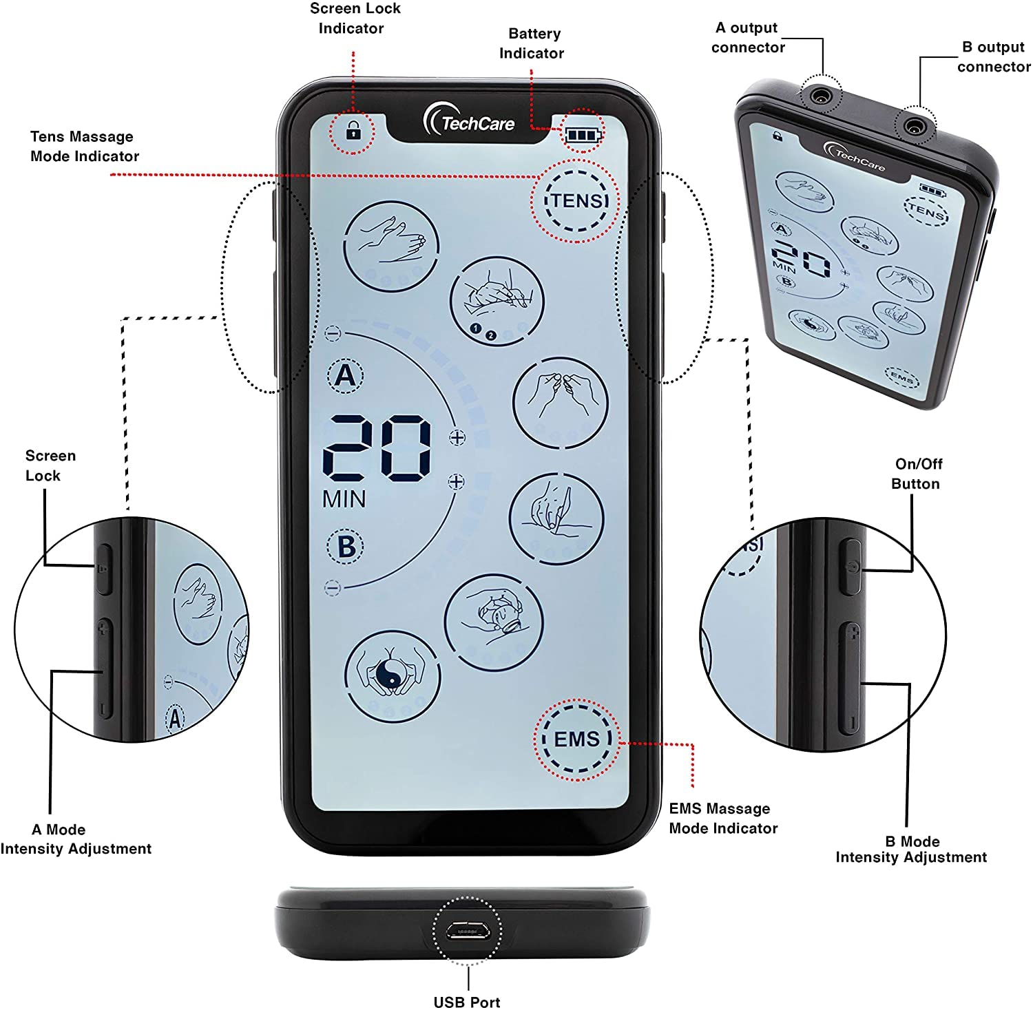 TechCare Massager Stymulator mięśni - Jednostka Dziesięciu 24 Trybów, Ekran Dotykowy Masażu Pulsu Ems