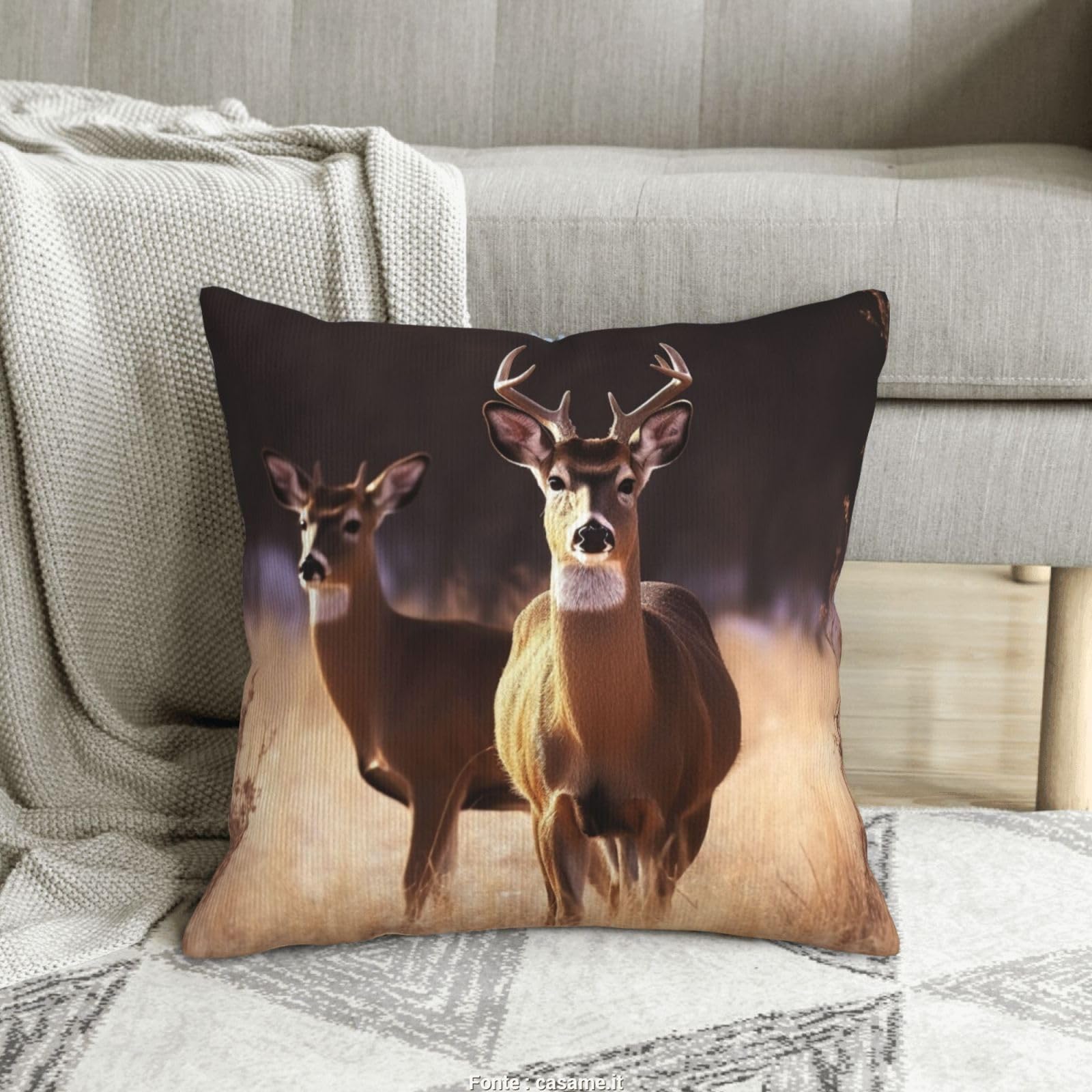 Housse de coussin velours côtelé cerf 40x40 cm pour canapé