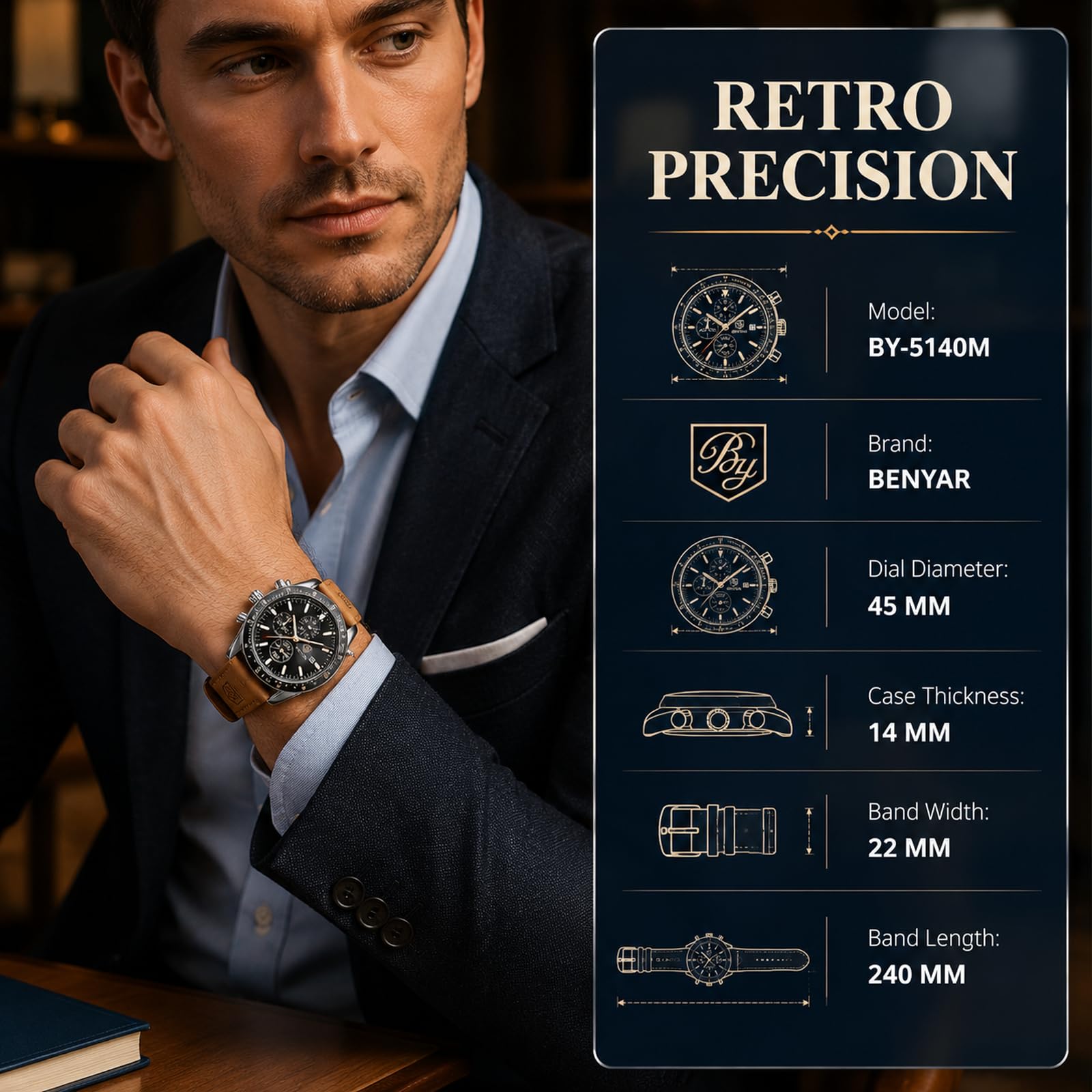 Benyar, orologio cronografo da uomo, 45 mm, quadrante grande, analogico, al | Orologio da uomo al quarzo, impermeabile, luminoso, multifunzione, con cronografo, cinturino in silicone, per lavoro, sport