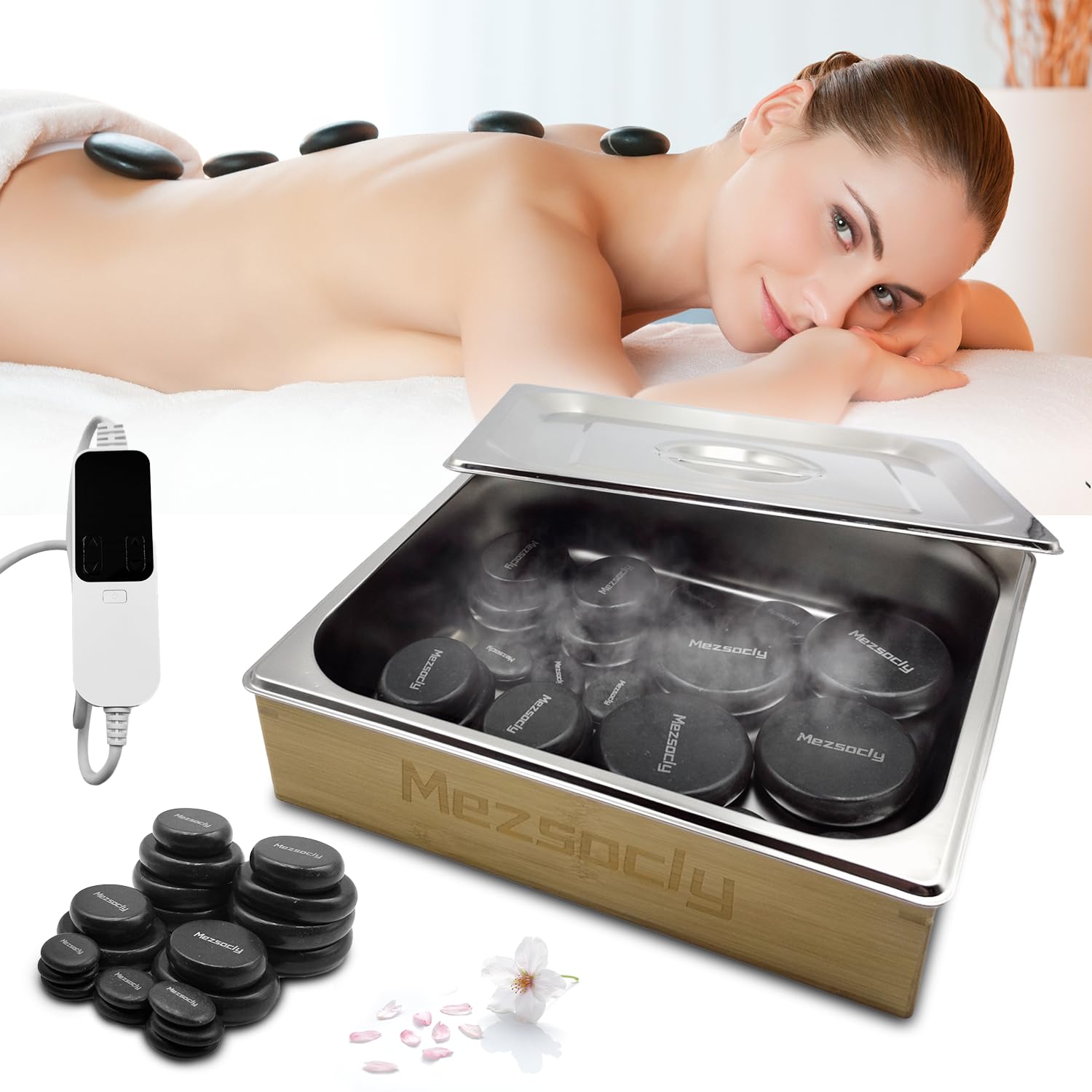 Piedras calientes para masaje, control de temperatura de 30.0-75.0 °C, juego de 20 piedras de masaje eléctricas para spa profesional o en casa, relajación, curación, alivio del dolor
