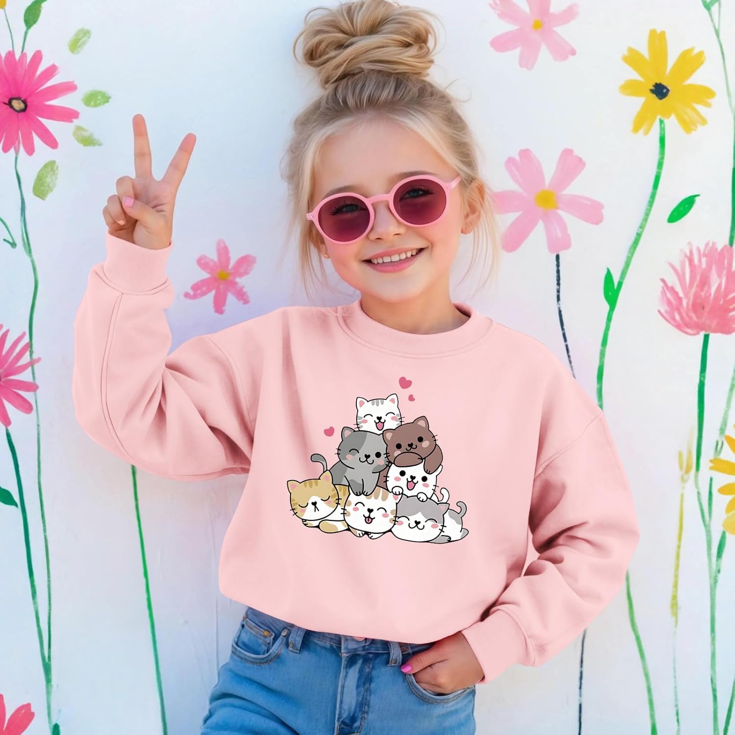 KEEVICI Cute Cat Sweatshirt For Girls Kawaii Graphic Sweatshirts Kids Animal Print Long Sleeve Shirts Cartoon Hoodie Pullover - Image 2