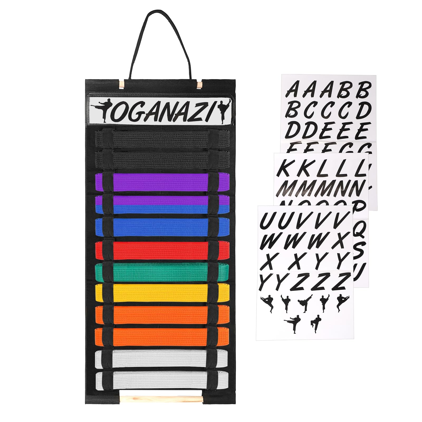 OGANAZI 12 Belts Karate Belt Display Rack with Personalized Stickers, Taekwondo Belt Display Holder with Bamboo Medal Rack, Felt Jiu Jitsu Belt Hanging Holder for Taekwondo, Karate, BJJ Learners