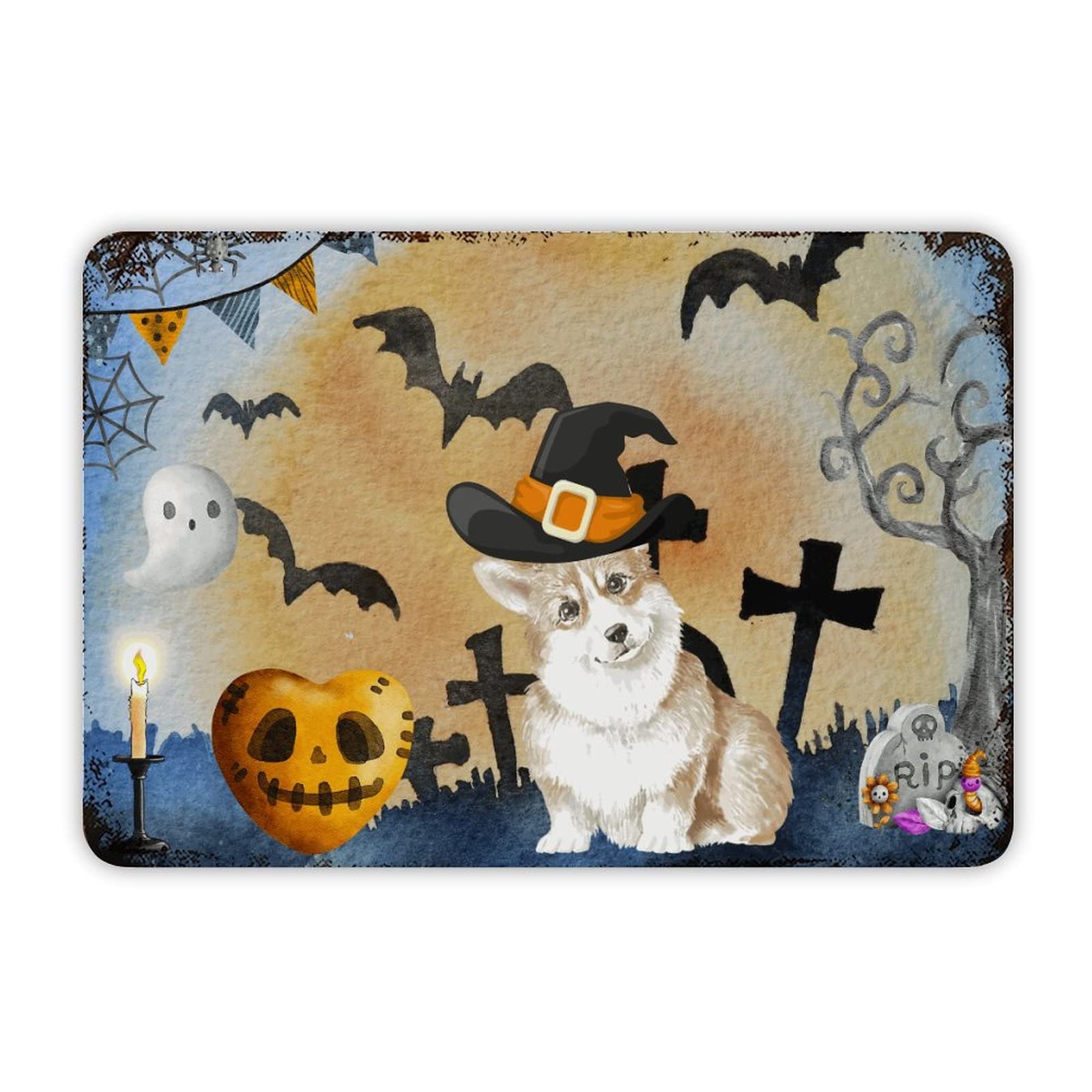 ENEDNATE Happy Halloween Dog Witch Hat Pumpkin Bats Aluminum Tin Sign 8x12 Inch Waterproof Vintage Metal Sign for School Office Classroom Gate Garage Garden Home Wall Decoration Housewarming Gifts