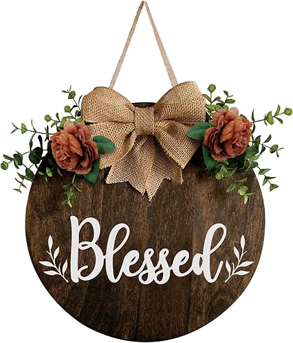 Dofala Blessed - Letrero colgante para puerta delantera, moderno letrero redondo de madera con corona de plantas, decoración de porche de granja, disponible en Yaxa Colombia