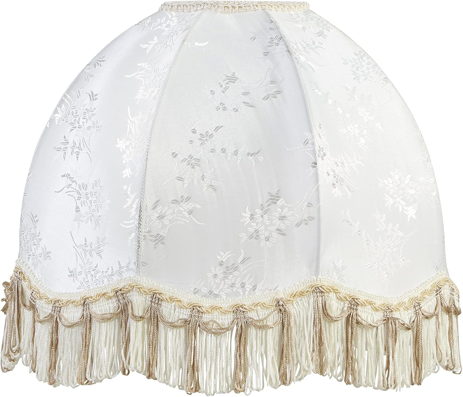 Aspen Creative 34504, Handsewn Scallop Dome Beige Spider Shade, Jacquard Textured Fabric with Fringe, 4" Top x 13" Bottom x 10" Slant