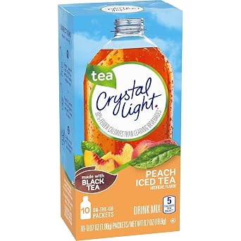 Crystal Light On-The-Go Drink Mix Packets, Zero Sugar Powdered Water Enhancer, Artificially Flavored Low Calorie Beverage Mix, Made with Black Tea, Peach Iced Tea, 0.07 Ounce Packets, 10 Count (Pack of 2)