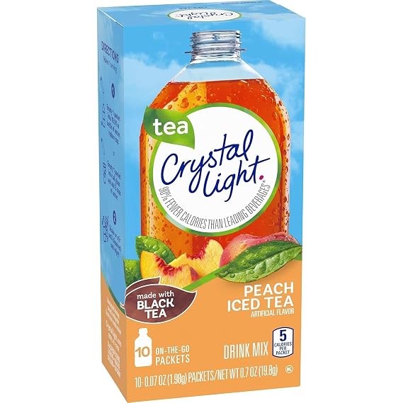 Crystal Light On-The-Go Drink Mix Packets, Zero Sugar Powdered Water Enhancer, Artificially Flavored Low Calorie Beverage Mix, Made with Black Tea, Peach Iced Tea, 0.07 Ounce Packets, 10 Count (Pack of 2)