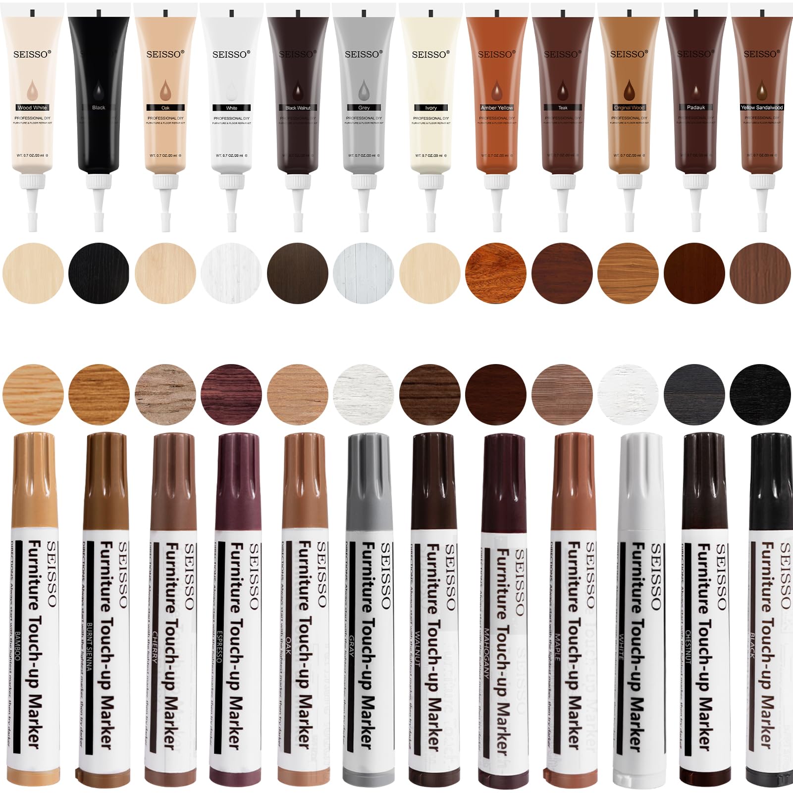 SEISSO Furniture Repair Kit Wood Filler - 12 Pcs Touch Up Wood Restore Set Filler 12 Colors Furniture Scratch Kit with Tools, Wood Repair Kit for Scratches, Stains, Scorch, Wooden Floor, Door, Table