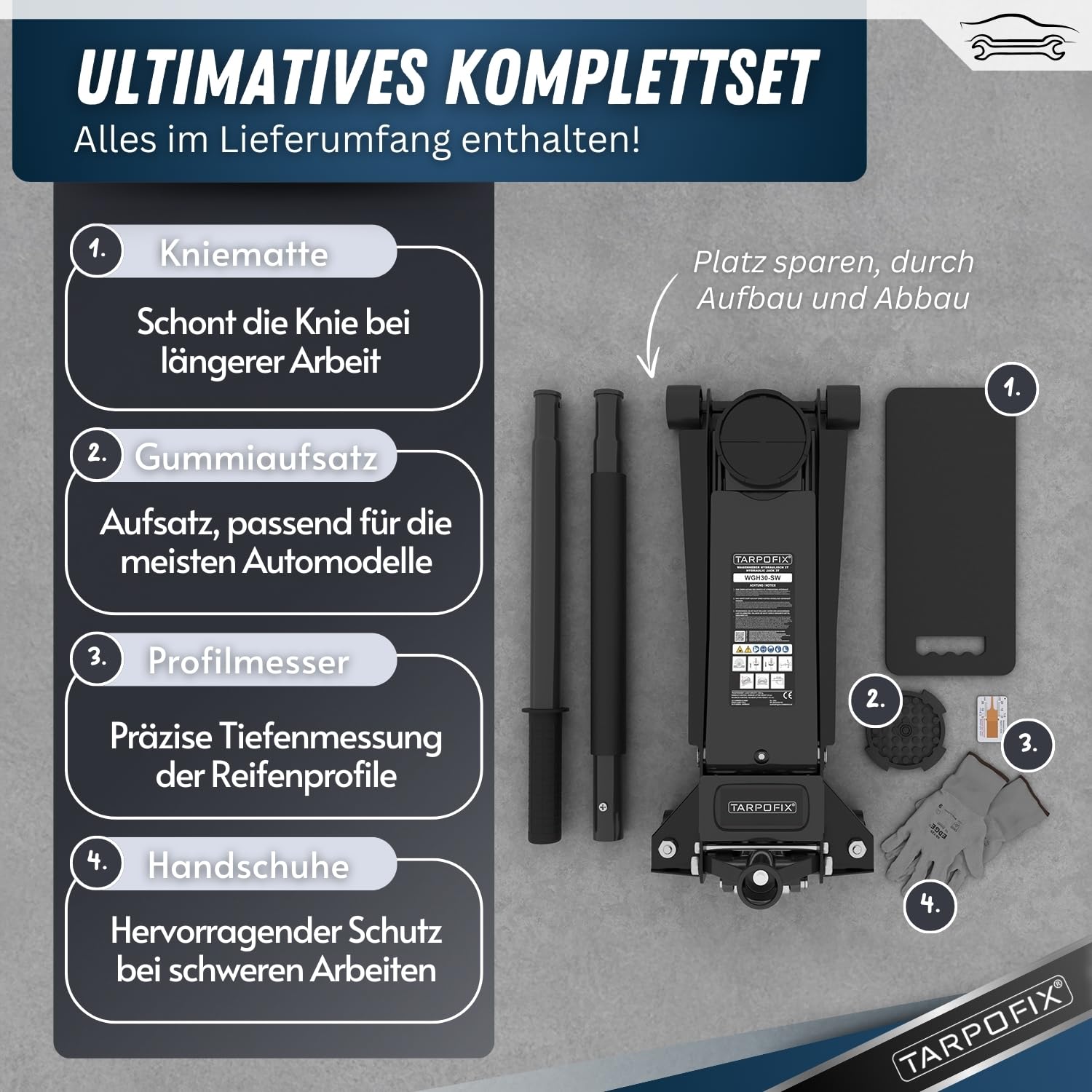Tarpofix® Wagenheber hydraulisch 3t (85-475mm Hubhöhe) | Premium Rangierwagenheber 3t mit Doppelzylinder | Hydraulischer Wagenheber flach für SUV & tiefergelegte Autos | Hydraulik Rangierwagenheber