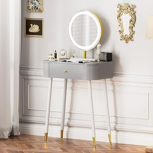 WinZo Mesa de tocador de 24" con espejo y luces, pequeña mesa de tocador de maquillaje con 1 cajón de almacenamiento, elegante mesa de tocador con
