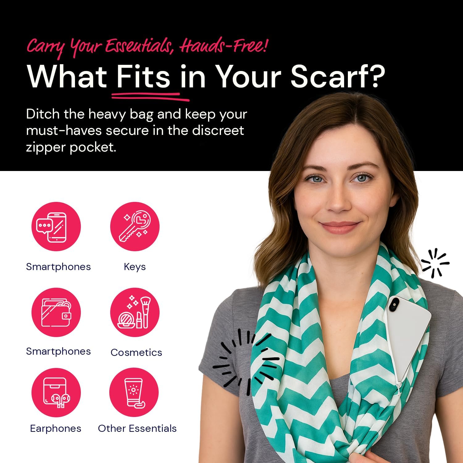 Pop Fashion Chevron Hidden Zipper Pocket Scarf - Soft & Comfortable Infinity Scarves - Fashion Scarf for Women - All Seasons - Image 4