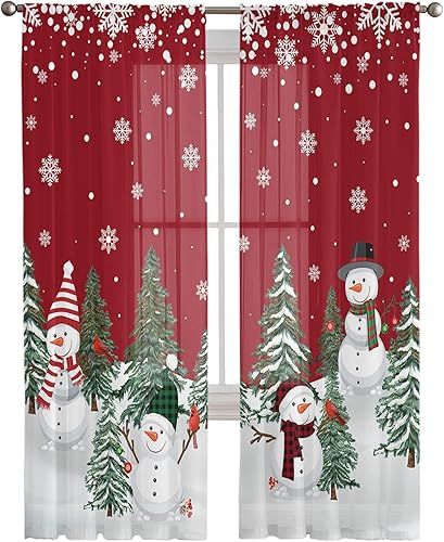 Miniatura 3 de Cortinas semitraslúcidas de muñeco de nieve de Navidad de 84 pulgadas de largo, cortinas con filtro de luz para ventana roja, cortinas con bolsillo