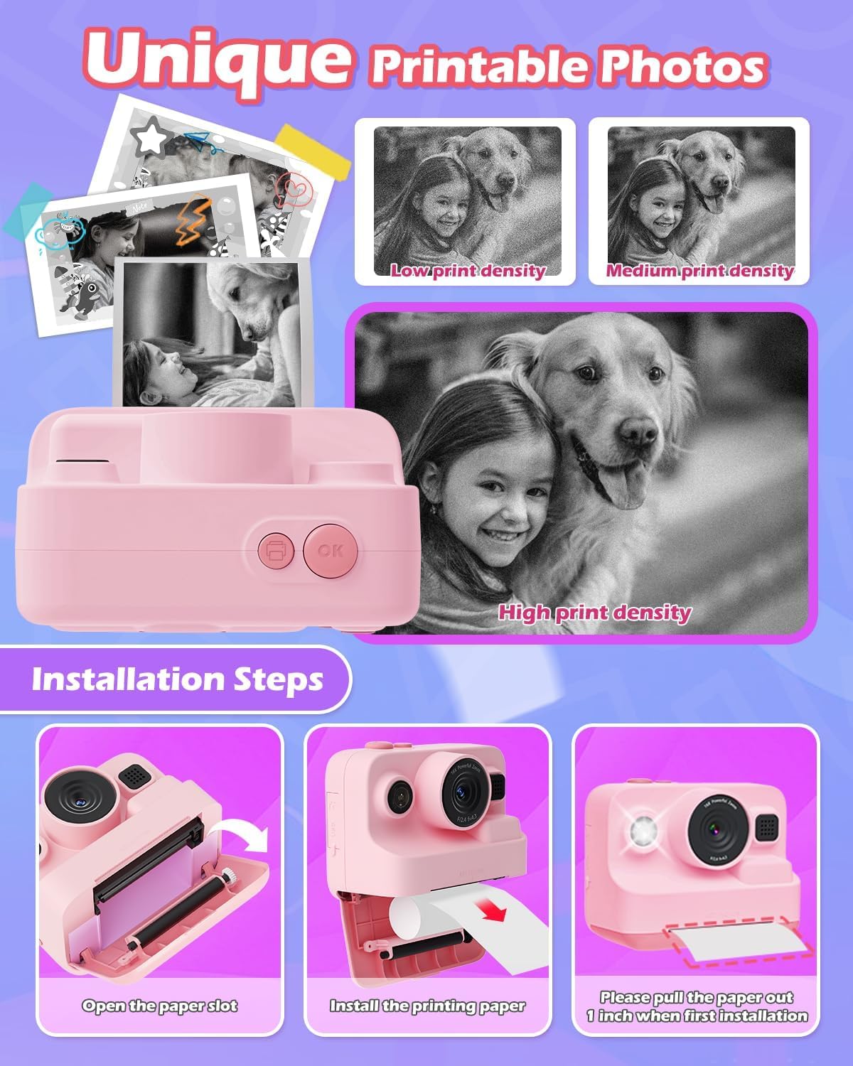 Camera Instant Print, 1080P Kids Digital Camera with Printer Paper, Christmas Birthday Gift for Girls (Pink) - Image 4 thumbnail
