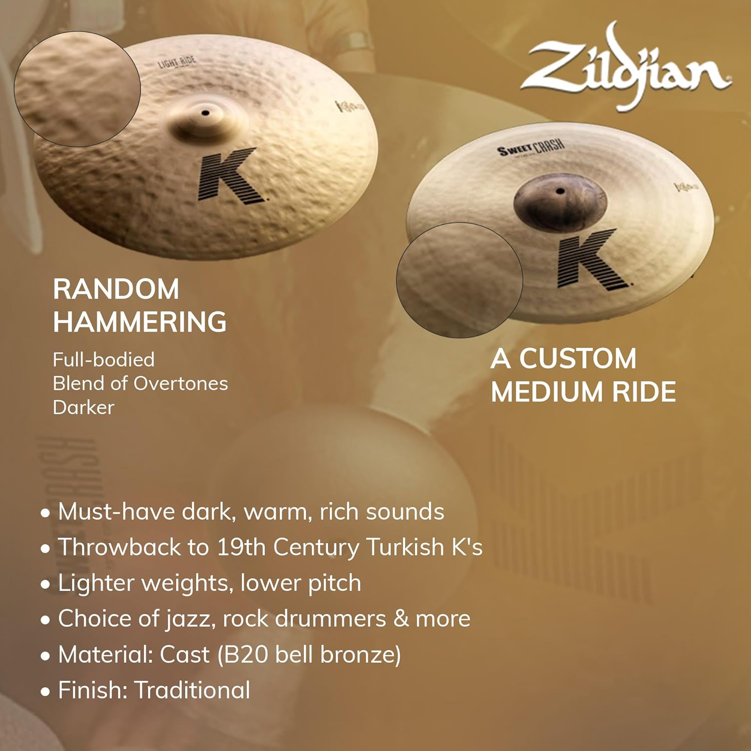 Zildjian KS5791 K Sweet Cymbal Pack 15/17/19/21 Inch Bundle with Bag, Drumsticks, and Austin Bazaar Polishing Cloth