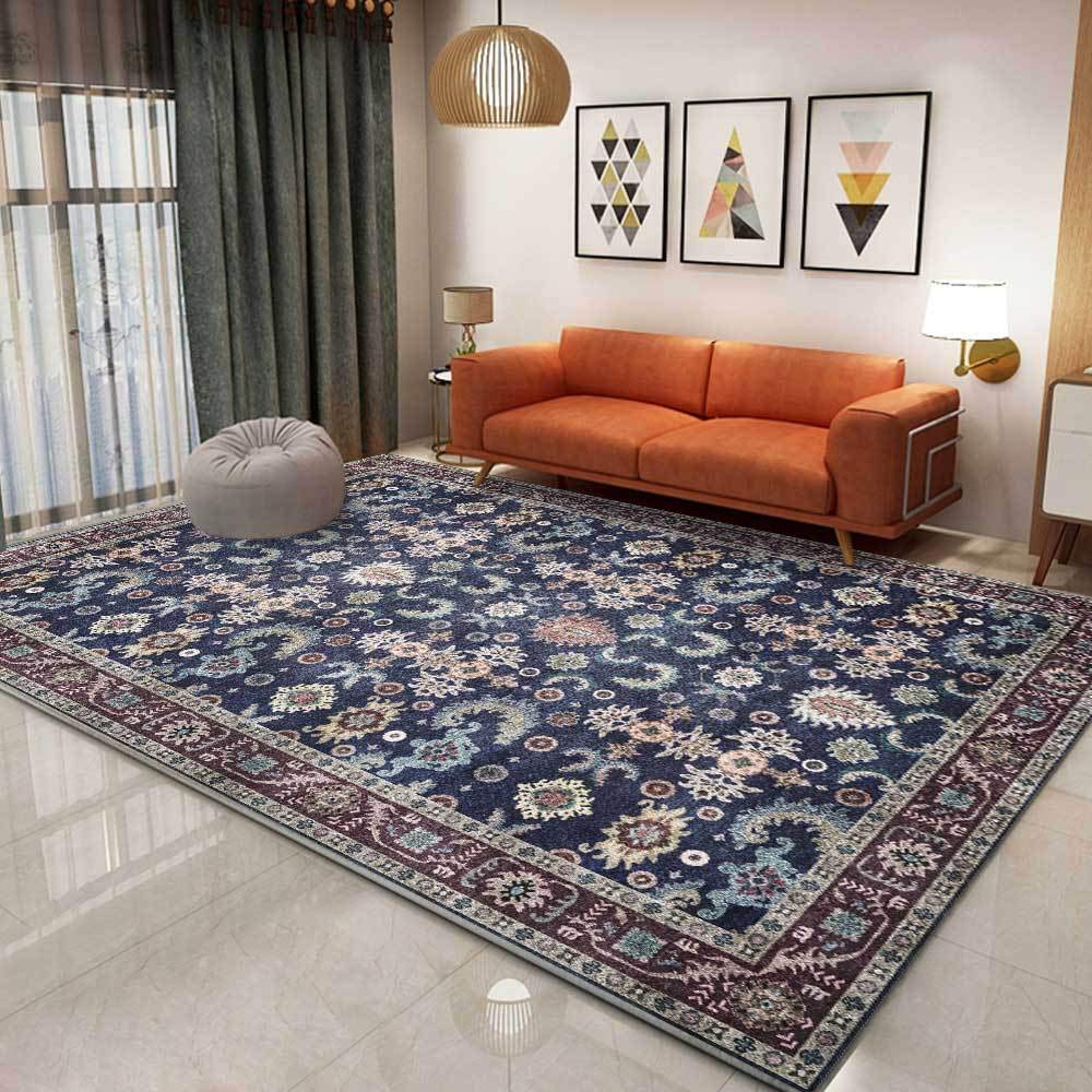 Tapis de salon lavable et antidérapant bleu 200x300 cm pour grand confort