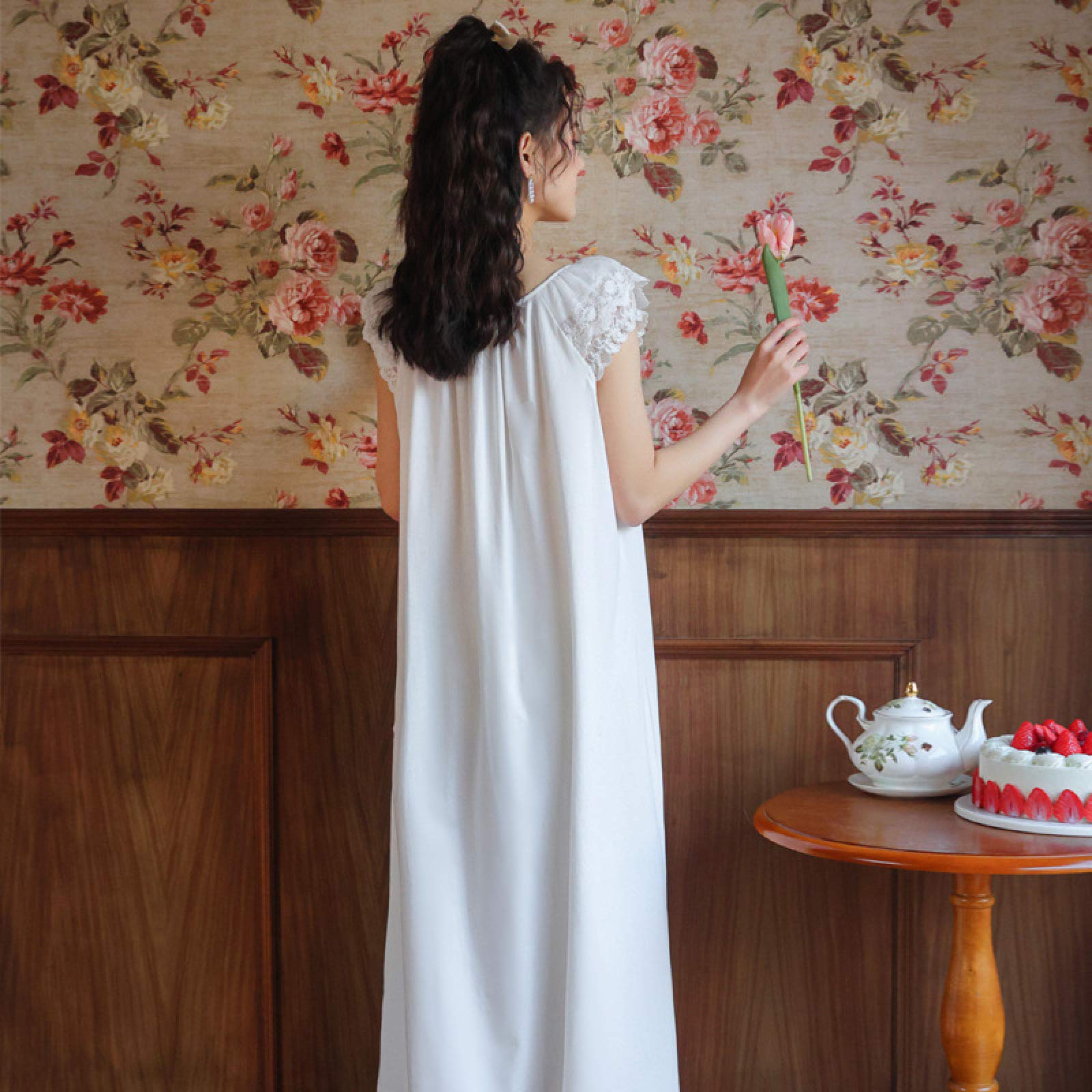 OFFSUM Camicia da Notte Donna - Indumenti da Notte in Stile Principessa in Pizzo di Cotone con Scollo Tondo Elegante Camicia da Notte Vintage Vintage Dolce per La Casa