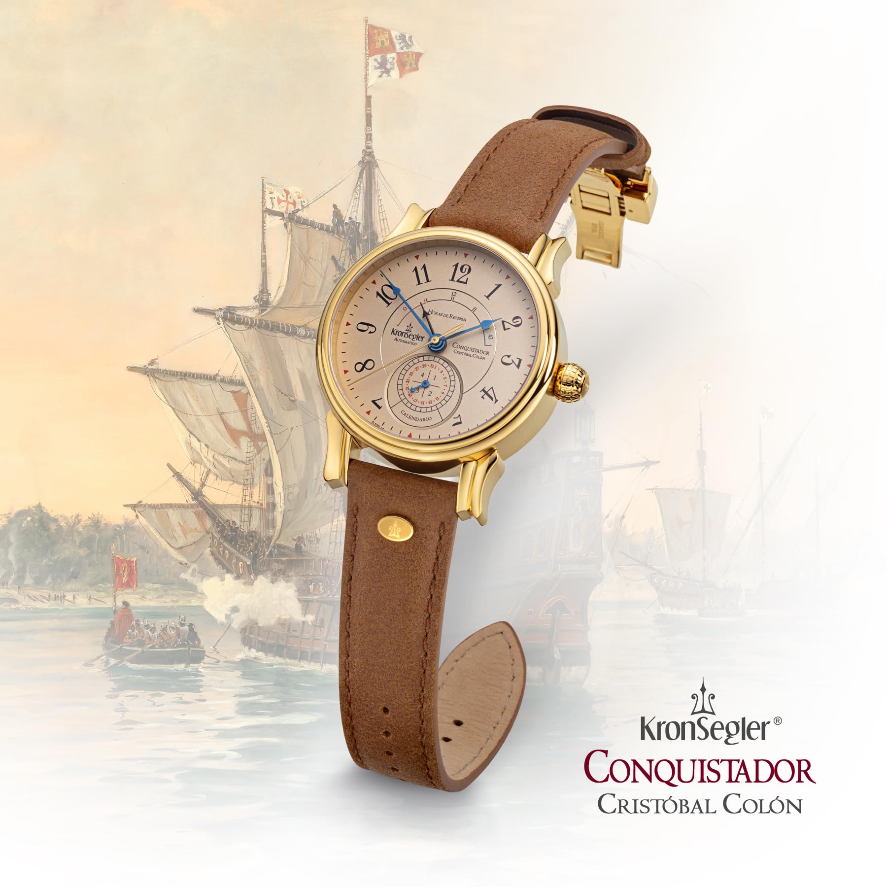 Kronsegler Conquistador Gold - Tierra braun | Automatik Herrenuhr mit Gangreserveanzeige | Saphirglas, Zeigerdatum, Lederband, Faltschließe