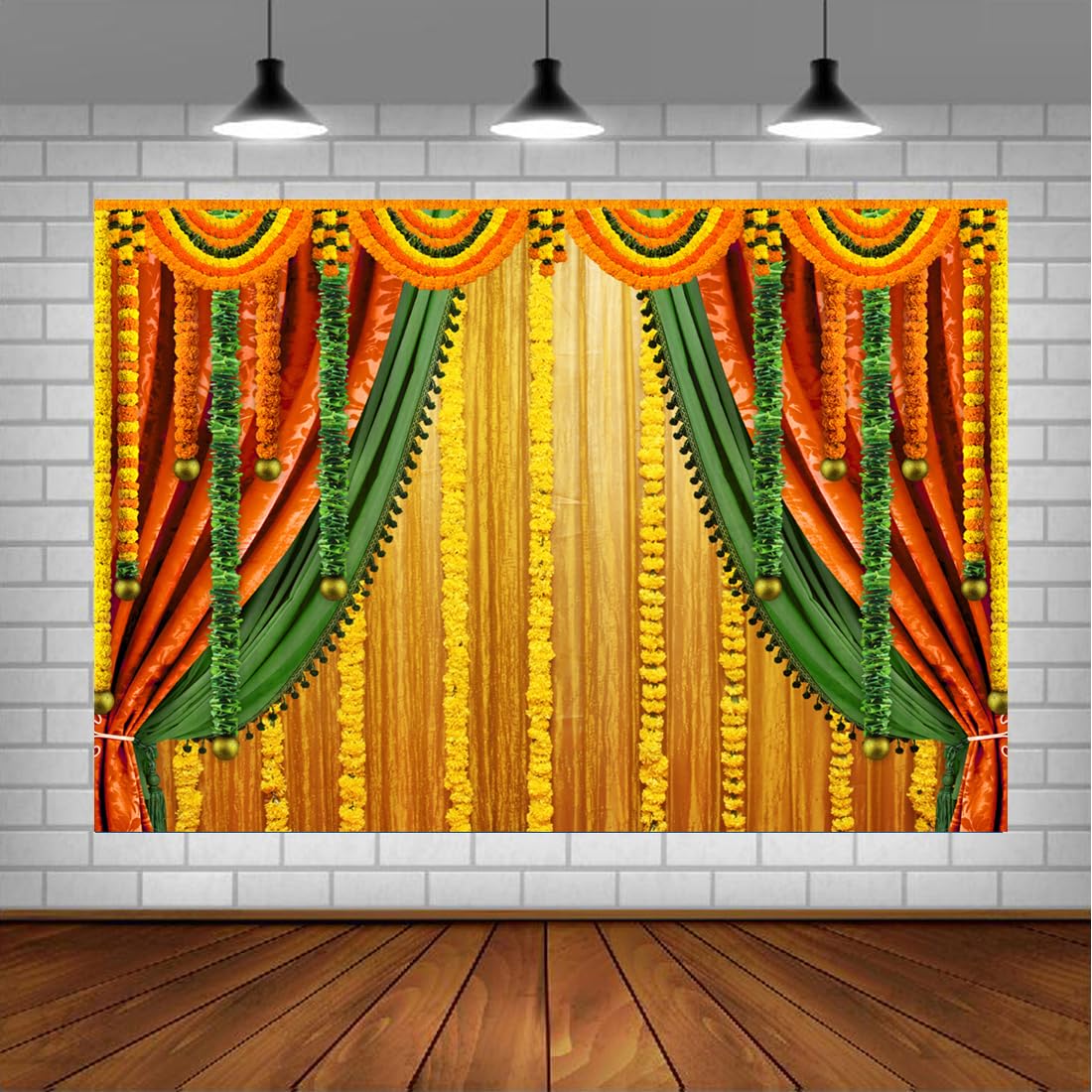 Lofaris India Pooja Backdrop Puja Ganpati Photography Traditional Banana Leaf Green Chatiya Ganesh Mehndi Festival Background Decorations Wedding Party Marigold Garlands Photo Props5x3ft