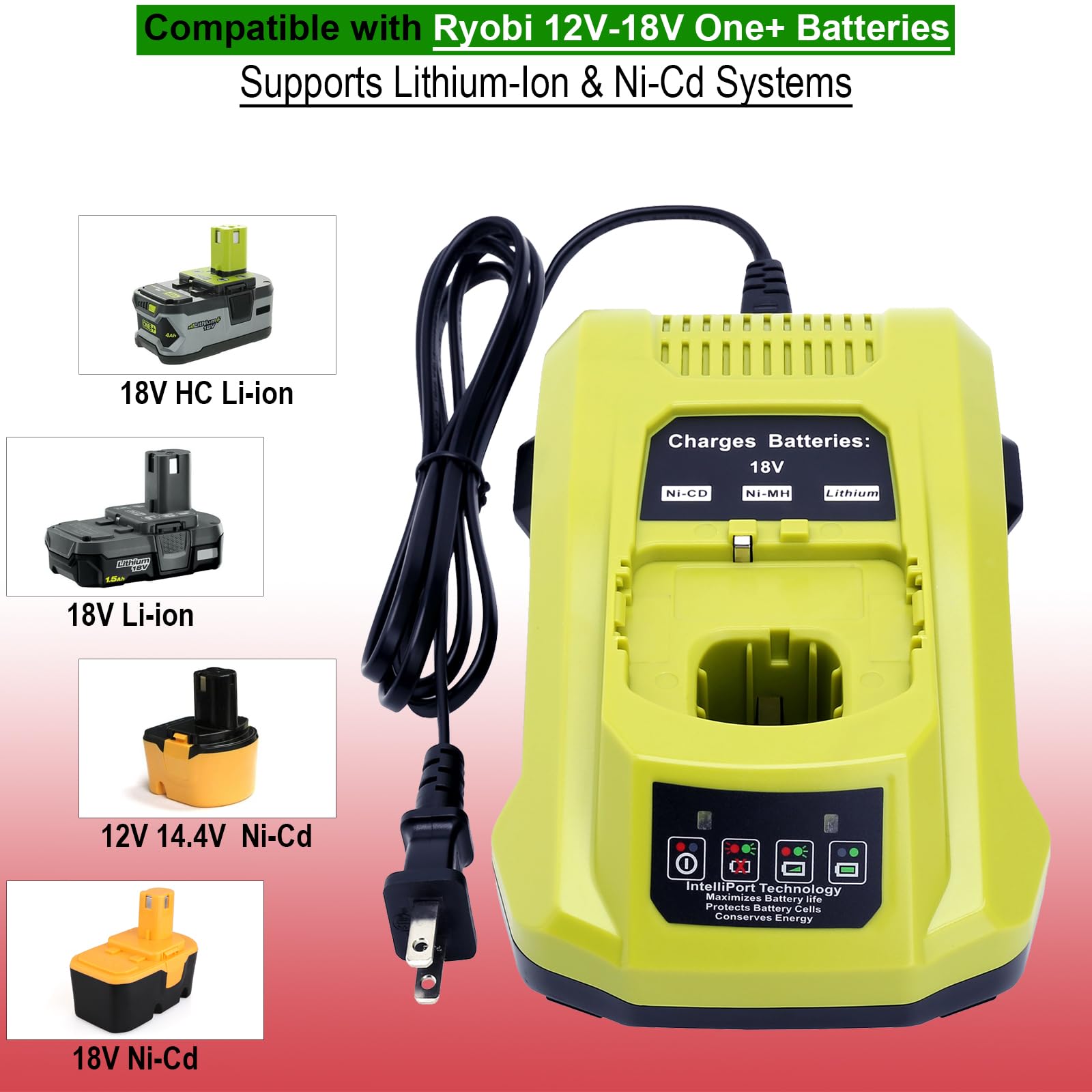 Kekepowtobat Kompatybilna z ładowarką do akumulatorów Ryobi 18 V, szybka ładowarka P117 kompatybilna z akumulatorami Ryobi 12 V-18 V ONE + litowym, NI-CD i NI-MH PBP2005 PBP002 PBP005 PBP006 P193 P108