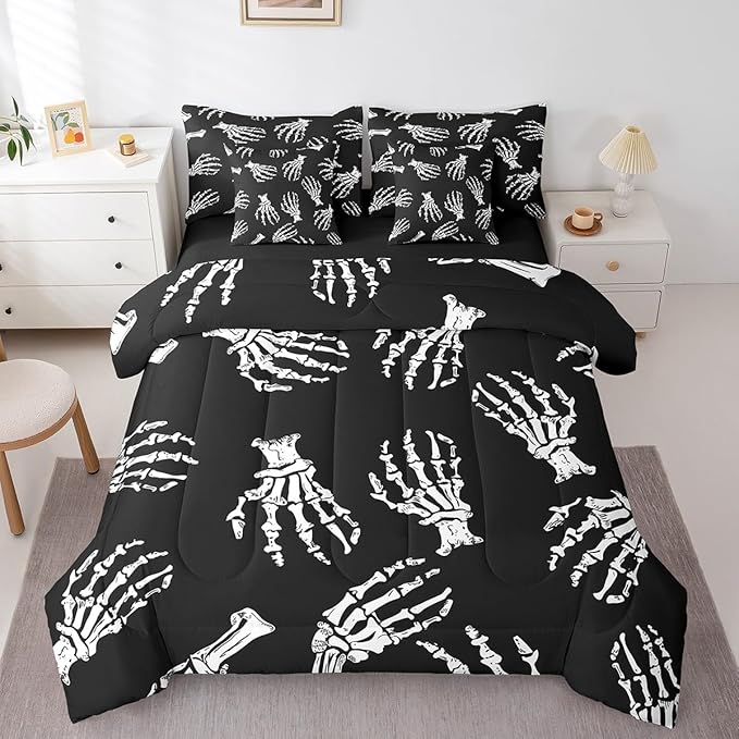 Erosebridal Skeleton Hand 7 Piece Comforter Set Full Bed in a Bag,Sugar Skull Bedding Sets Gothic Bone Sheet Set with Comforter