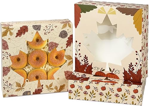 qiqee Cajas de galletas de Acción de Gracias con ventana, 24 paquetes de 10 x 10 x 2.5 pulgadas, caja de pastelería para el día de Acción de Gracias