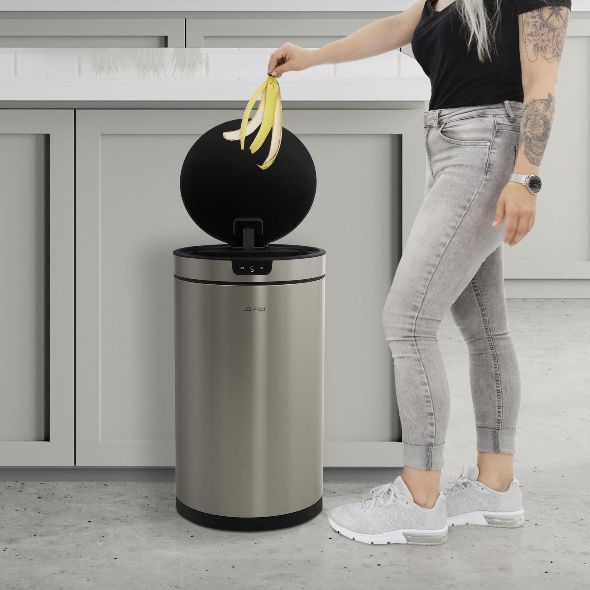 ML-Design Mülleimer mit Sensor 30L rund aus Edelstahl, Silber, Automatisches Öffnen & Schließen, Abfalleimer berührungslos, Klemmring für Müllbeutel, Müllbehälter mit Bewegungssensor für Küche & Büro