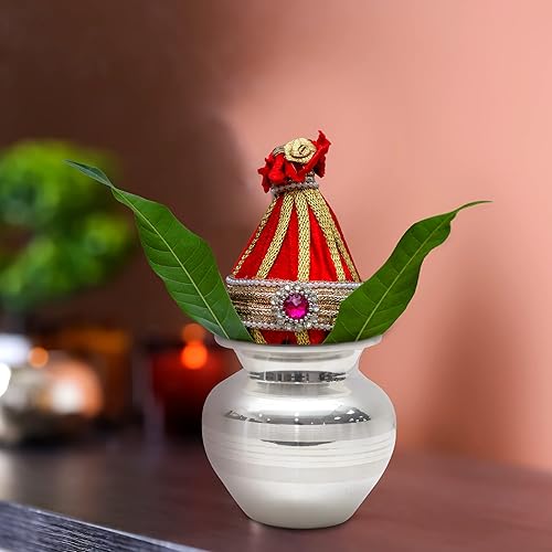 Miniatura 3 de Shubhkart Kalash chapado en plata (mediano) para festivales, Puja, Thali, Diwali, hogar, templo y oficina