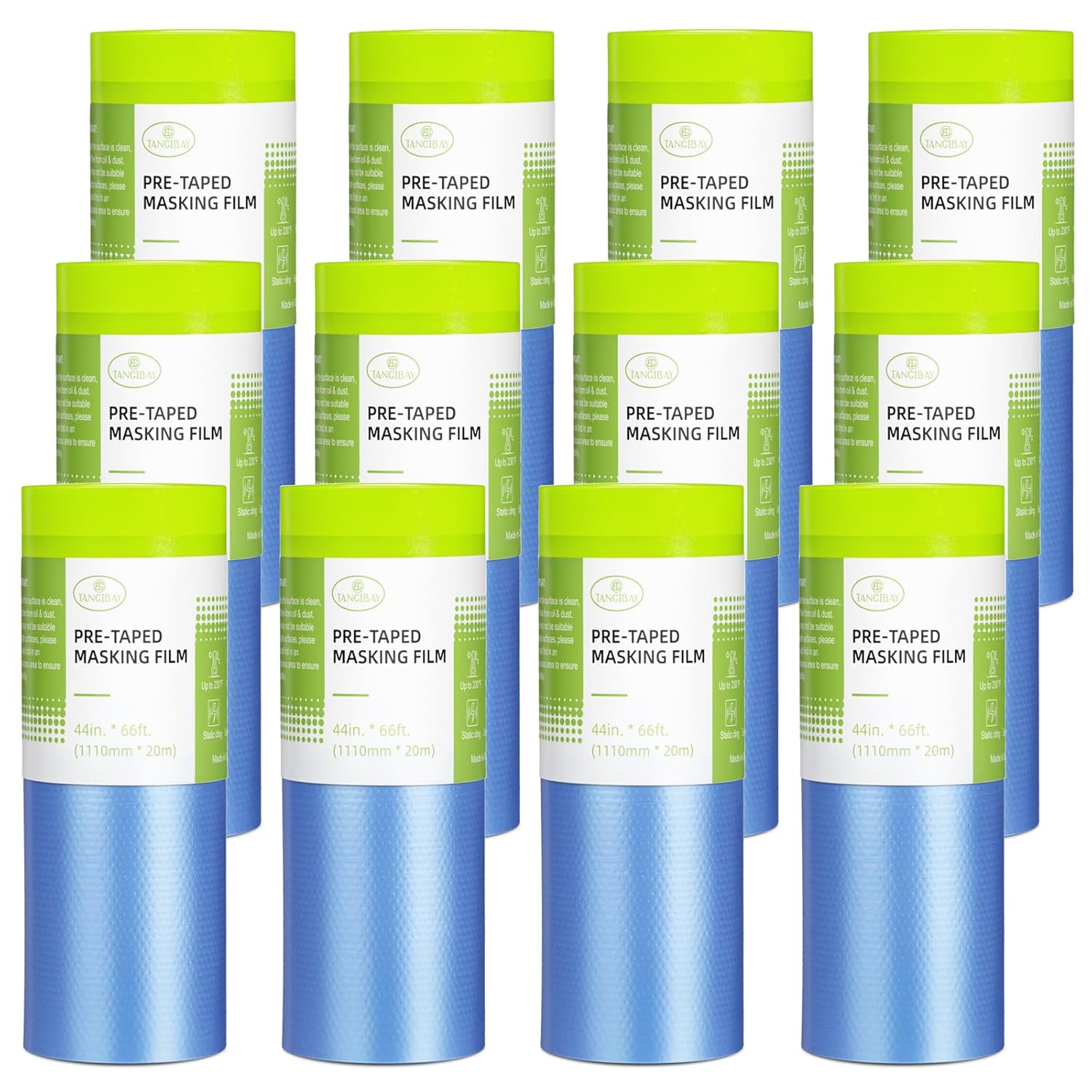 Pre-Taped Masking Film for Painting - 44" x 66' Painters Plastic Sheeting with Automotive Paint Tape and Drape for Covering Cars, Walls, Windows and Furniture Protection (12 Rolls)