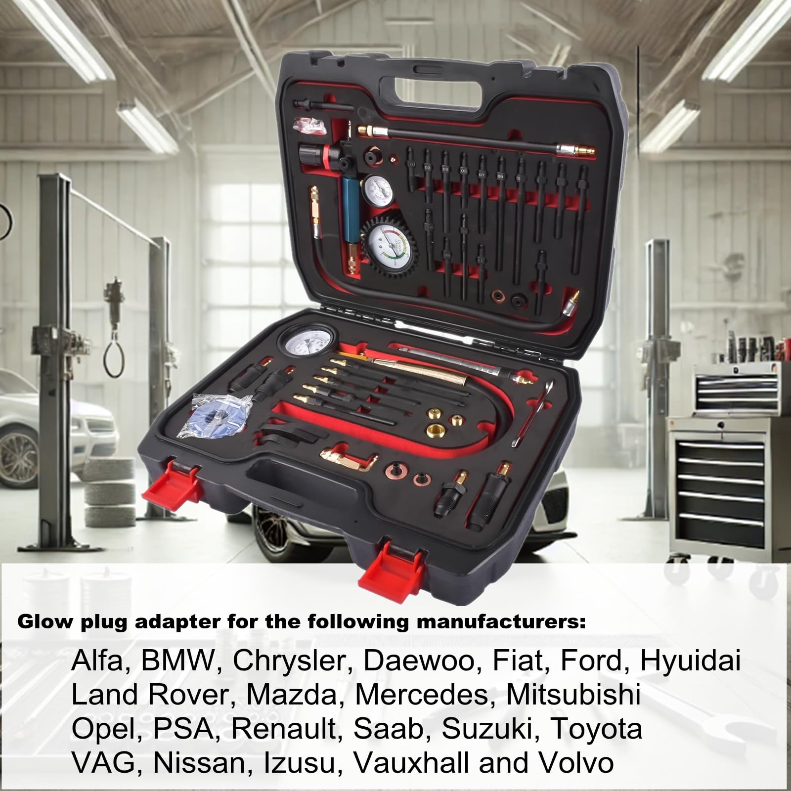 Tester professionale di compressione Tester di perdita di pressione Tester motore compatibile con motori diesel e benzina, con 34 adattatori diversi, 725 PSI