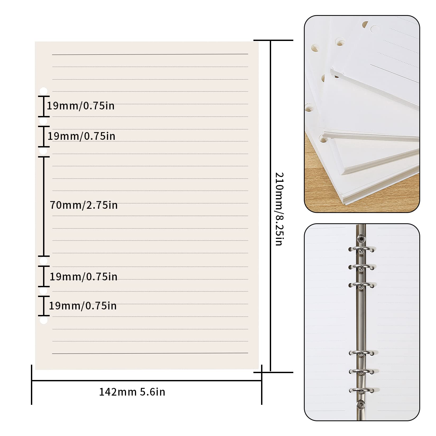 Papier Recharge A5 à 6 Trous – Lot 180 Feuilles Quadrillé, Pois, Vierge – Pour Classeur Ou Cahier