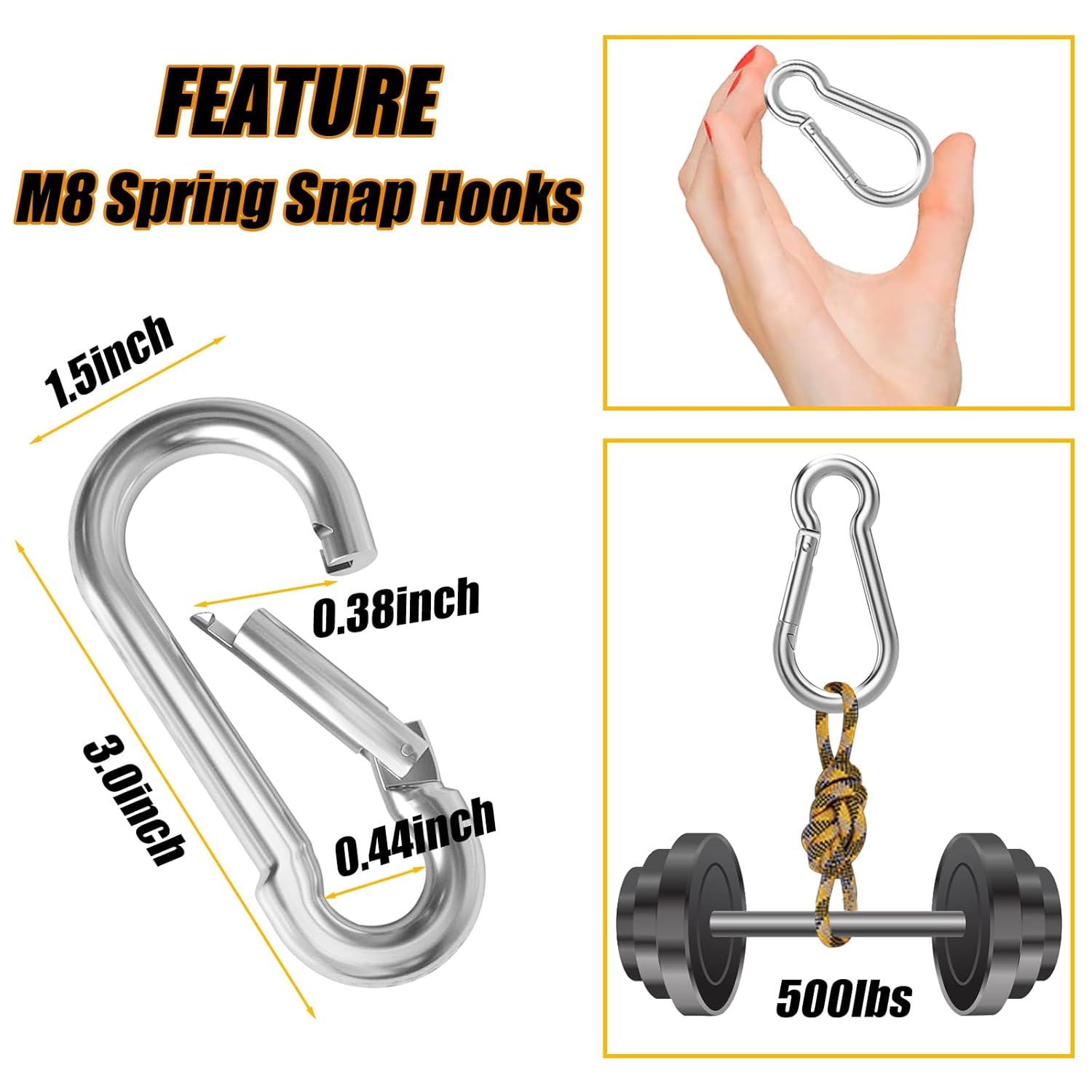 60PCS 3" Heavy Duty Spring Snap Hook, M8 5/16" Galvanized Steel Snap Hook Carabiner Quick Link Carabiner Clip, 500LBS Holding Capacity Quick Link Keychain for Swing Hammock Gym Outdoor - Image 2