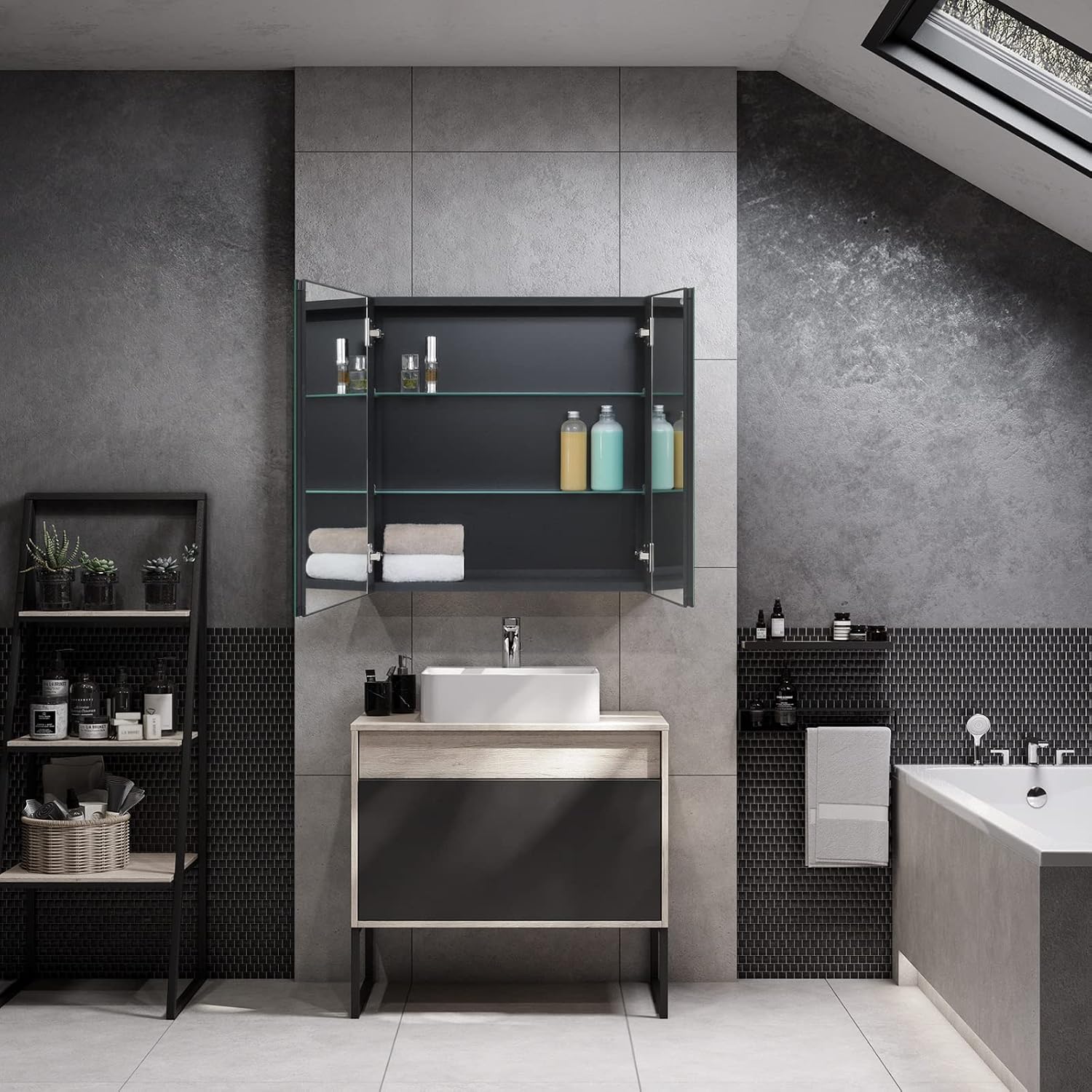 24 x 24 Black Double Door Bathroom Medicine Cabinet with Mirror, Wall Mount | Two-Door Bathroom Wall Mirror Cabinet with Adjustable Shelves, Black Aluminum Frame, Recessed or Surface Mounting for Storage
