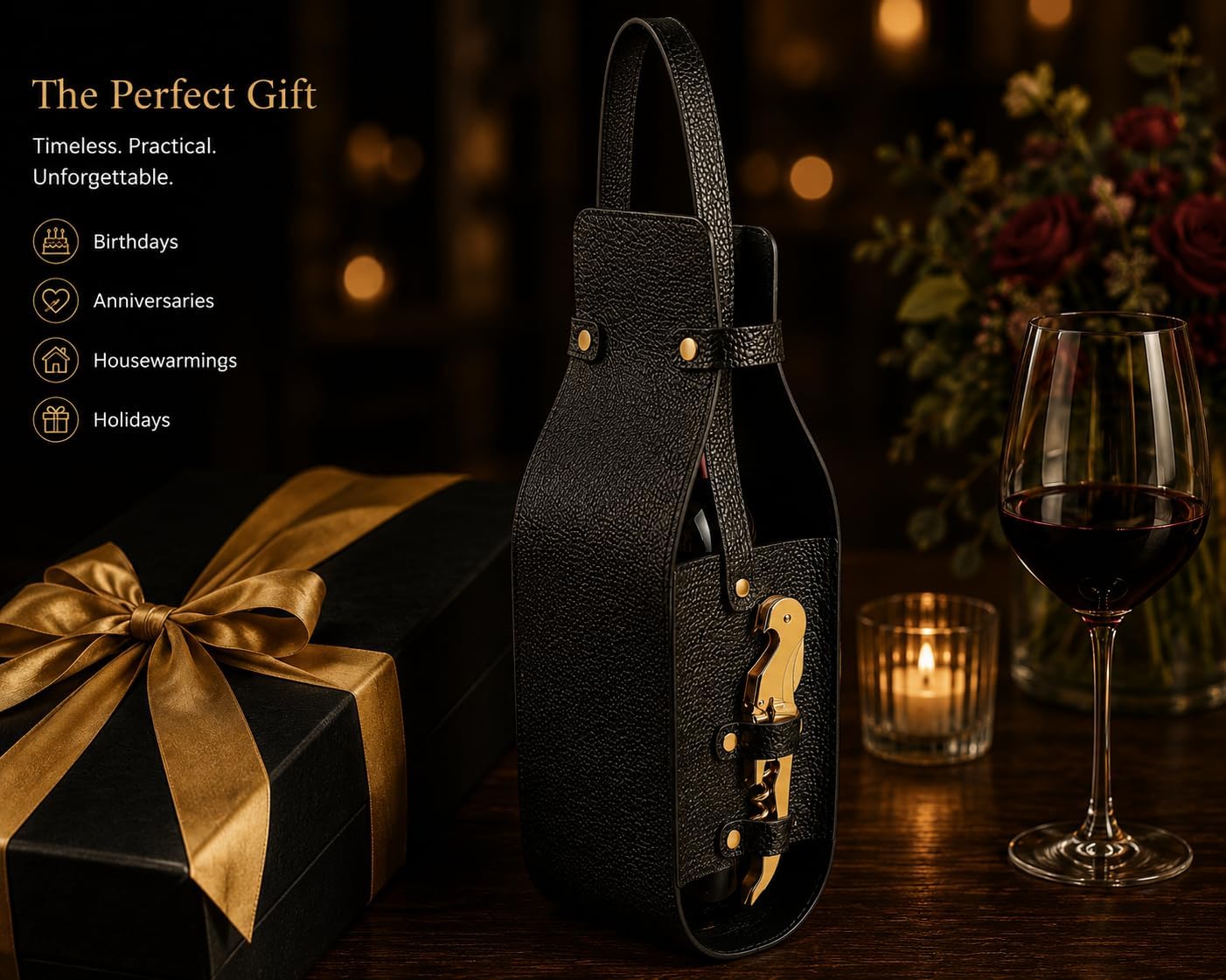 Wine Gift Bag with Wine Opener - Vegan PU Leather Single Bottle Luxury Wine Bag with Corkscrew - Elegant Wine Carrier for Travel, Picnic, Birthday, Housewarmings, Anniversaries Wedding Gifts image 4