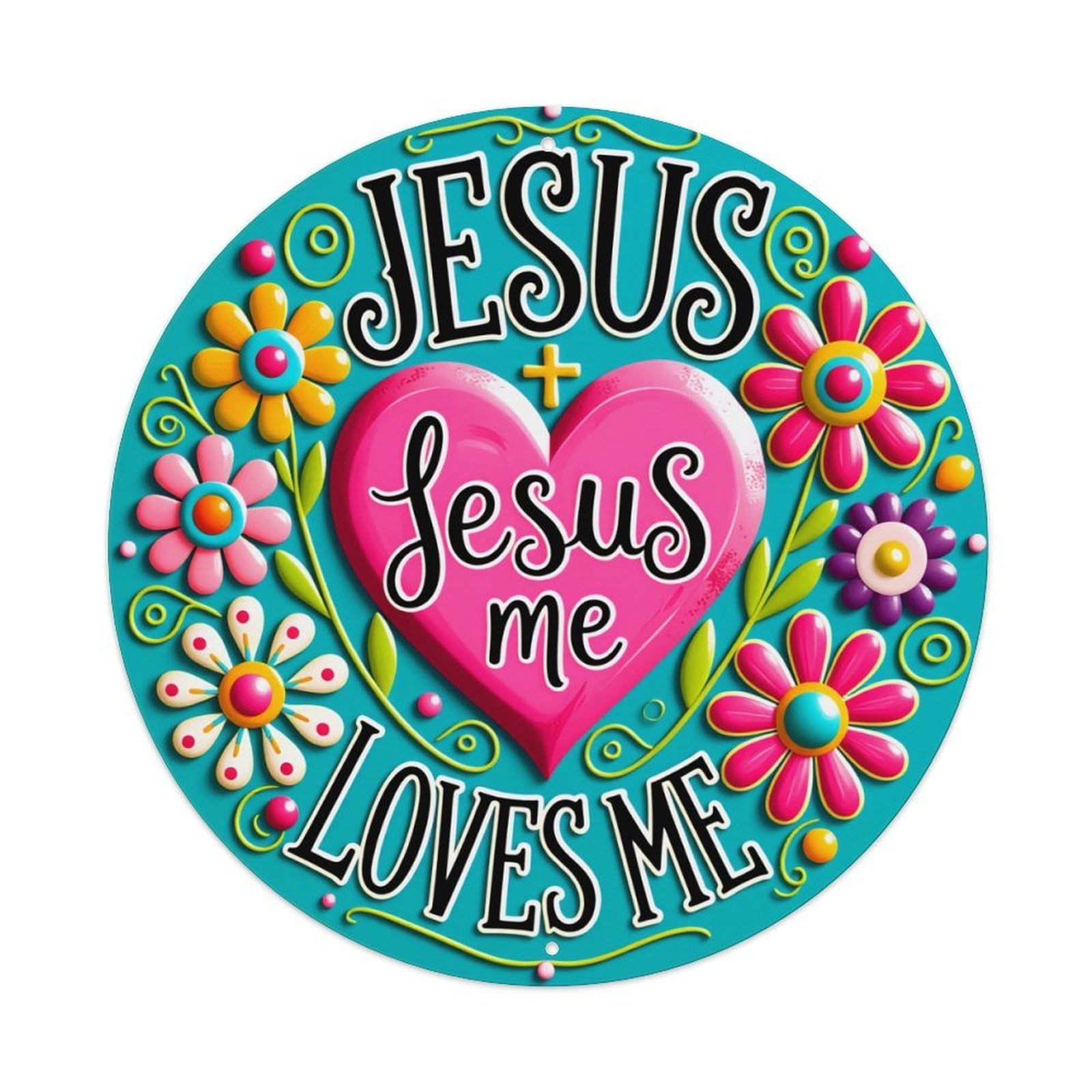 Jesus Loves Me Heart Flowers Round Tin Sign Vintage Metal Poster, Home Bar Garage Man Cave Cafe Indoor & Outdoor Wall Decoration 8x8Inches