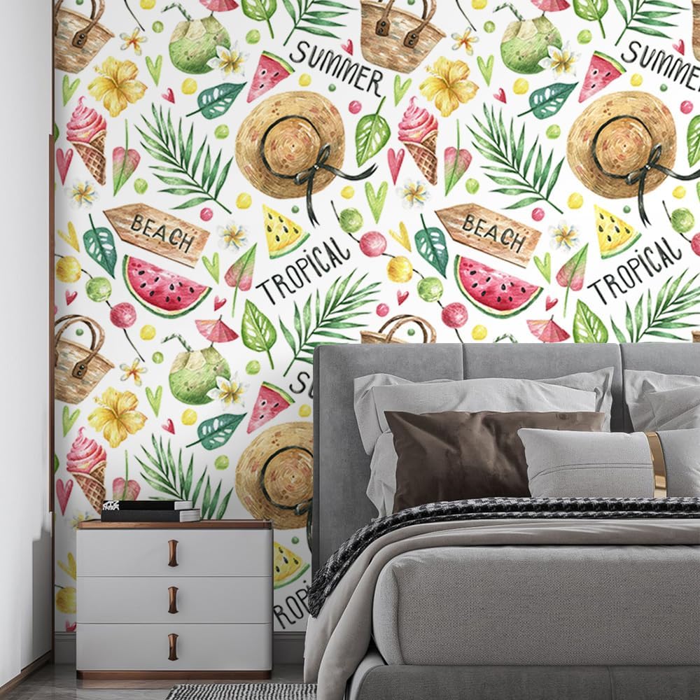 Summer Wallpaper,17.71" x 118.1" Peel and Stick Wallpaper Hat, Watermelon, Ice Cream, Coconut, Leaves Removable Waterproof Contact Paper Decorative Vinyl Wallpaper for Bedroom Living Room