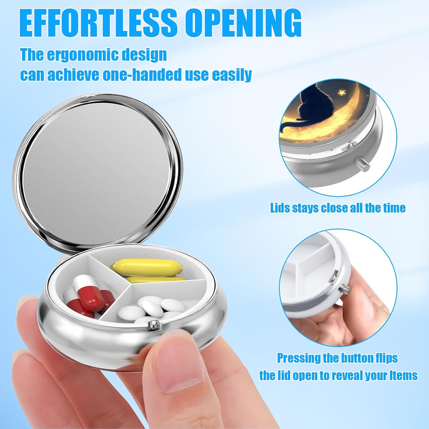 Night Cat Moon Pill Case, Pill Box 3 Compartments Metal Small Pill Holder with Mirror Mini Travel Pill Container for Purse Pocket Women Men image 3