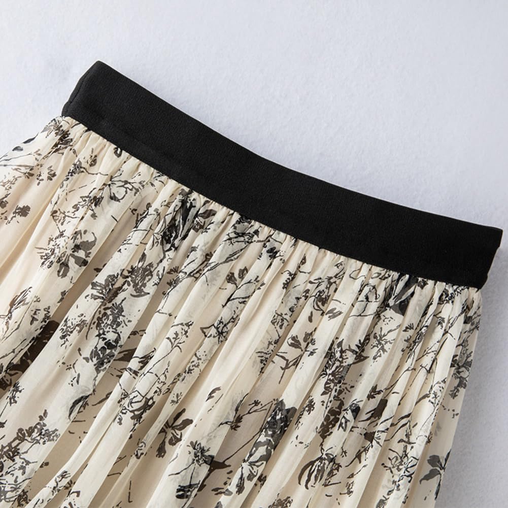 DISSA Jupe midi Soie Femme Taille élastique imprimée,S2010-2
