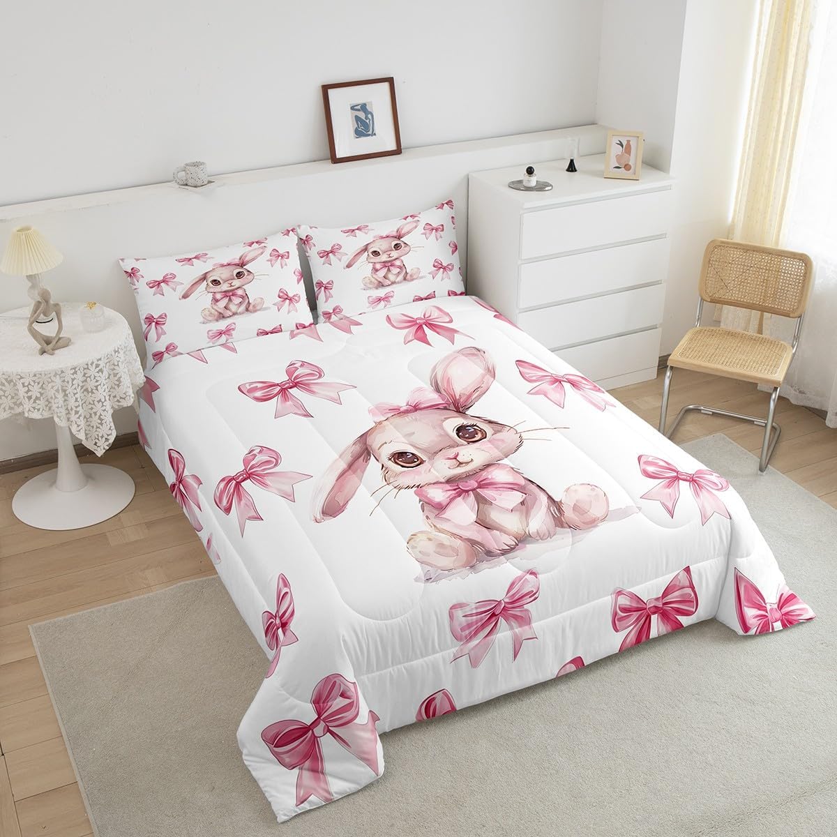 Erosebridal Cute Bow Rabbit Kids Comforter Set Dreamy Princess Bowknot Girls Toddler Bedding Set Pink Kawaii Bow Bedding Comforter Sets Cartoon Animal Quilt Duvet