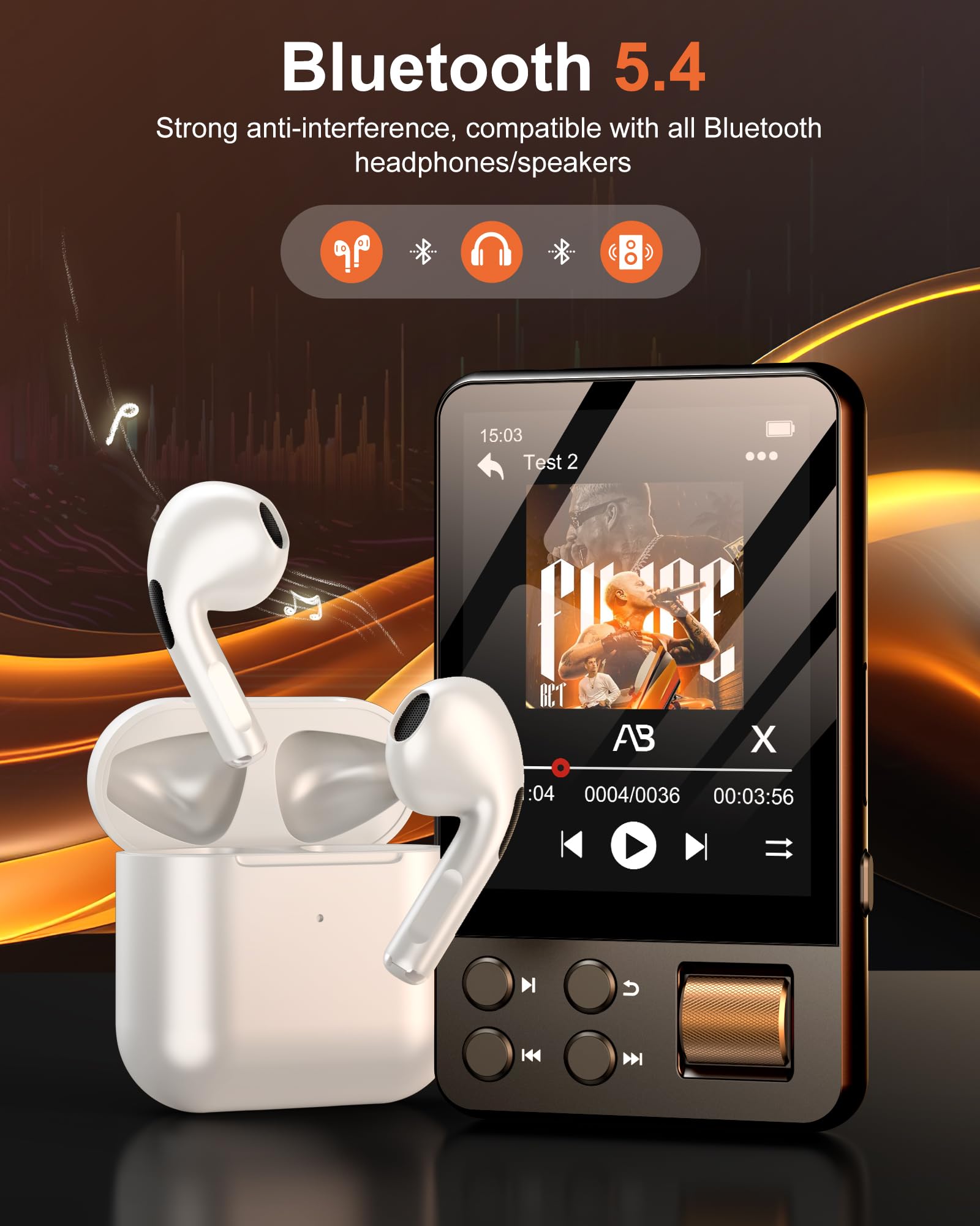 64GB MP3 Player Bluetooth 5.4 mit Kopfhörer, MP3 Player Kinder mit 2.4 Zoll Touchscreen, Musikplayer Audible mit Musikwiedergabe, Sprachrekorder, HiFi-Sound