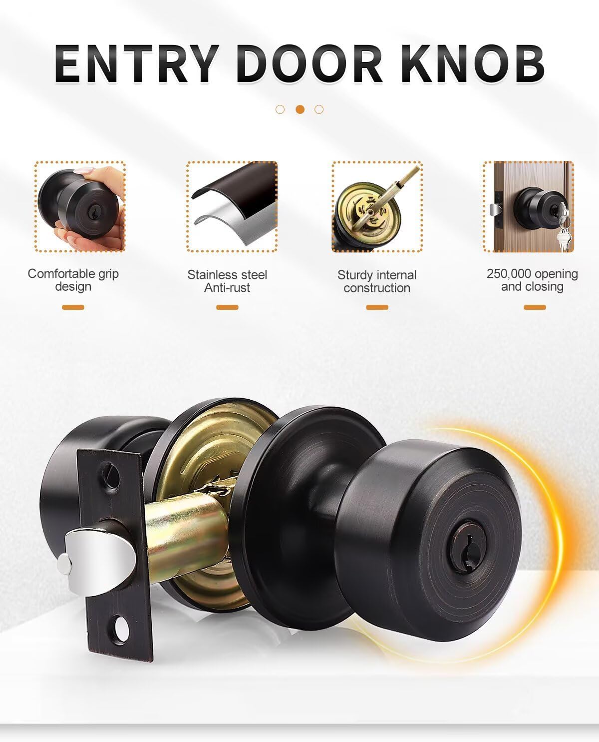 Probrico Keyed Alike Entry Door Knobs, Oil Rubbed Bronze Cylindrical Shape Interior Door Knobs with Lock and Keys,2 Pack