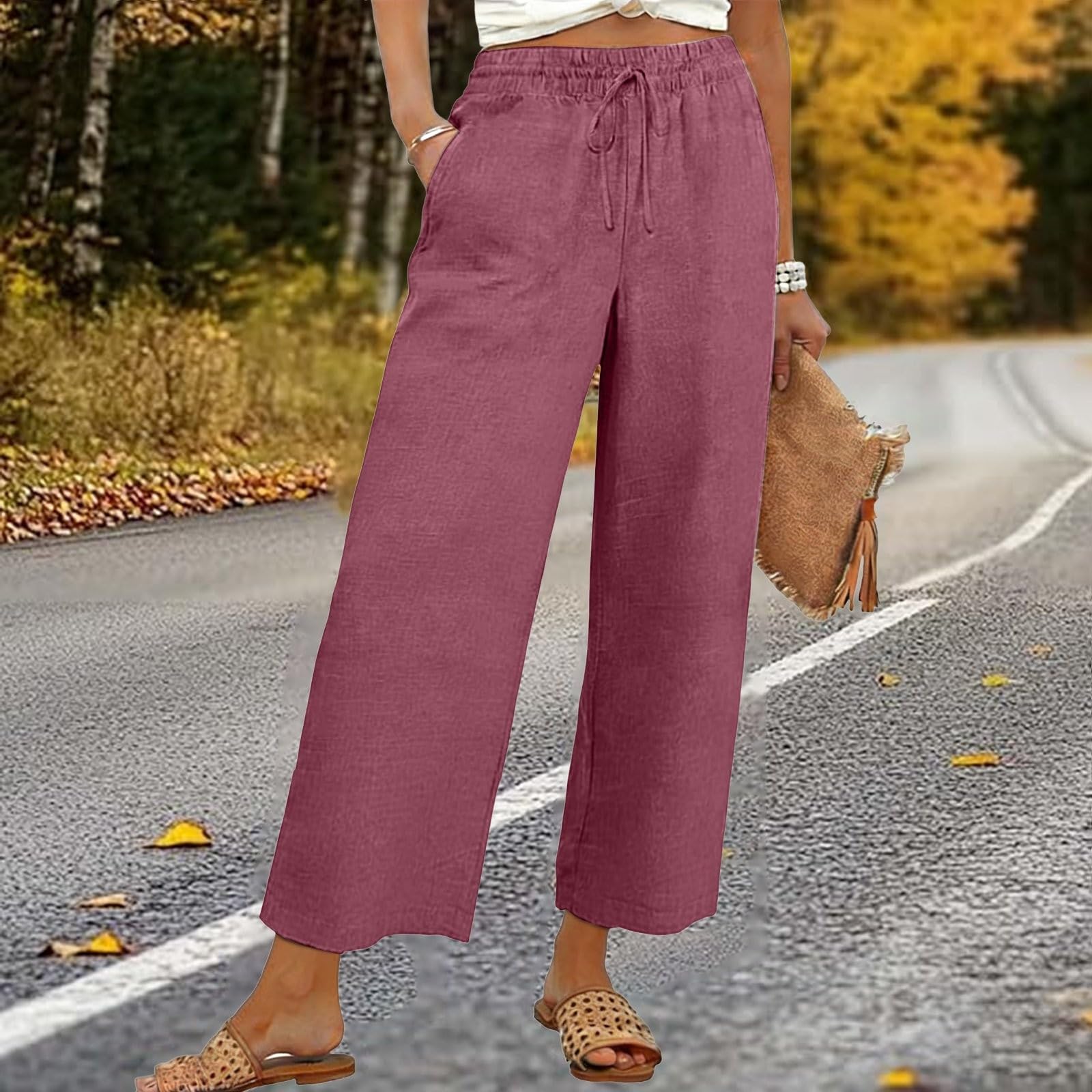 Generisch Pantalon d'été en lin aéré pour femme, jambes larges, taille haute, jambe droite, pantalon d'été avec poches, pantalon palazzo ample, pantalon culotte, pantalon avec cordon de serrage